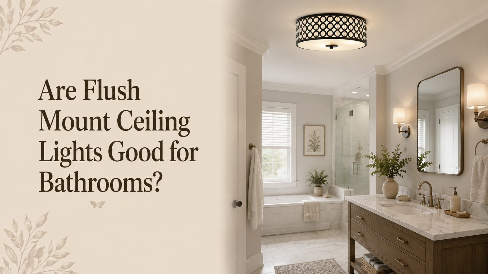 Modern black flush mount ceiling light in a bright, elegant bathroom.