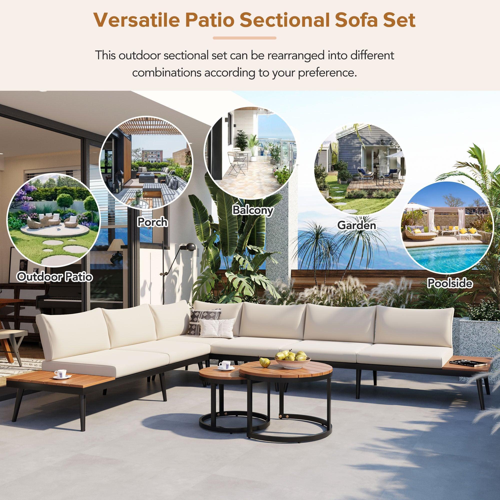 Conjunto de 6 sofás seccionales para exterior con mesas de centro redondas apilables y sofá con cojines para patio, porche y jardín.