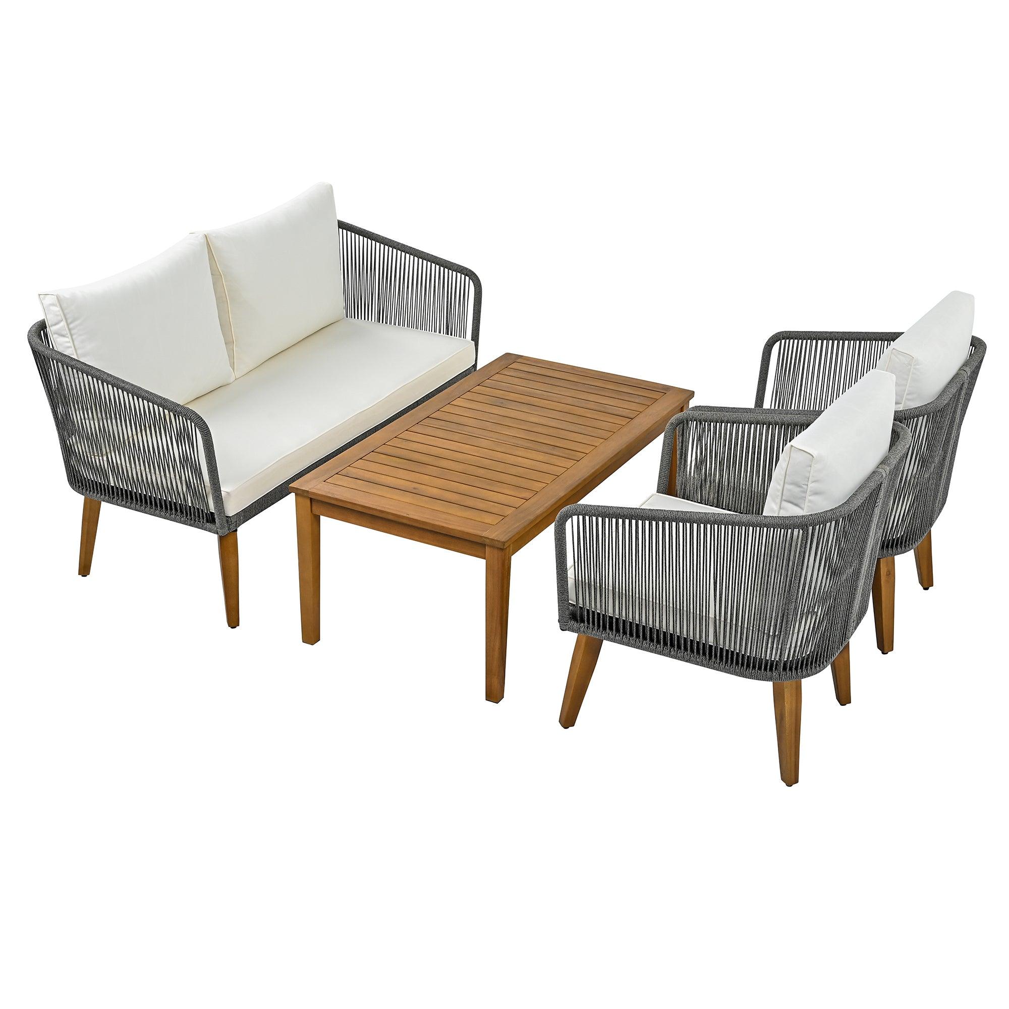 4 Pieces Outdoor Furniture Set with Loveseat, Patio Rope Conversation Set with Cushions for Backyard, Poolside, Garden