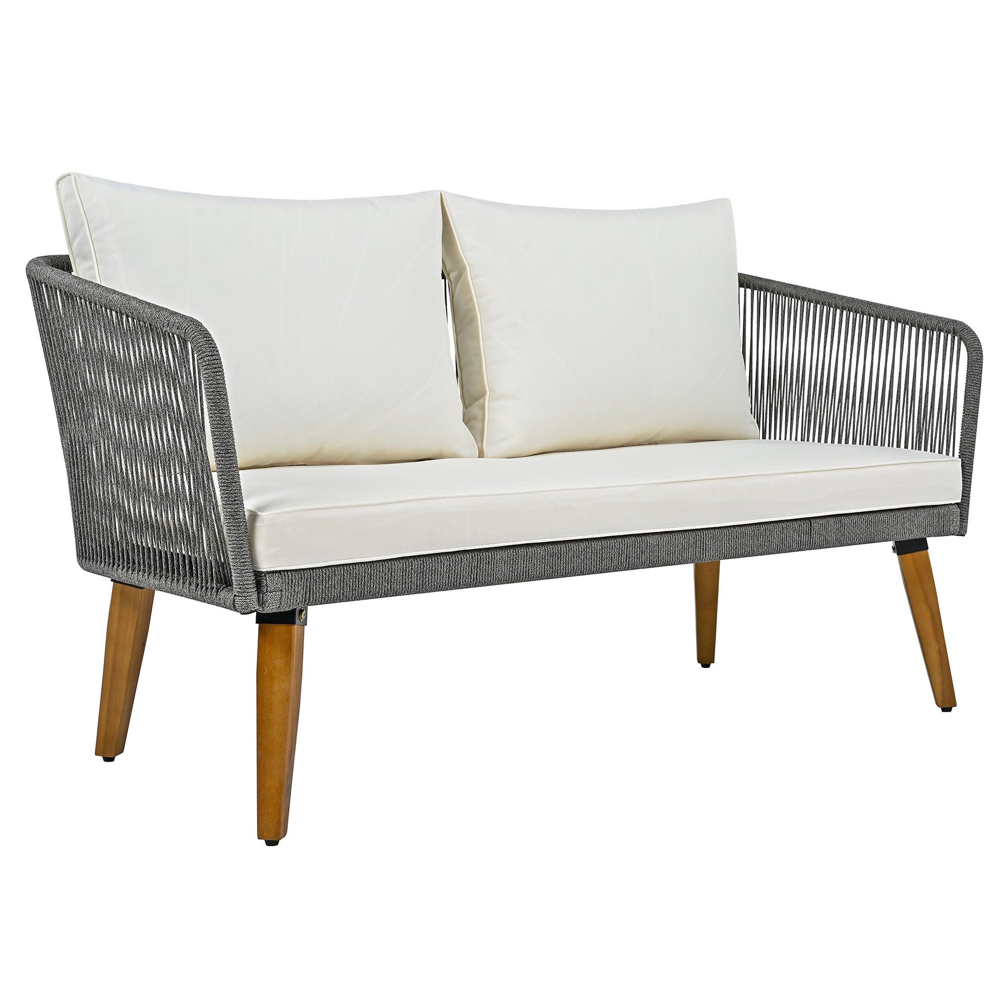 4 Pieces Outdoor Furniture Set with Loveseat, Patio Rope Conversation Set with Cushions for Backyard, Poolside, Garden