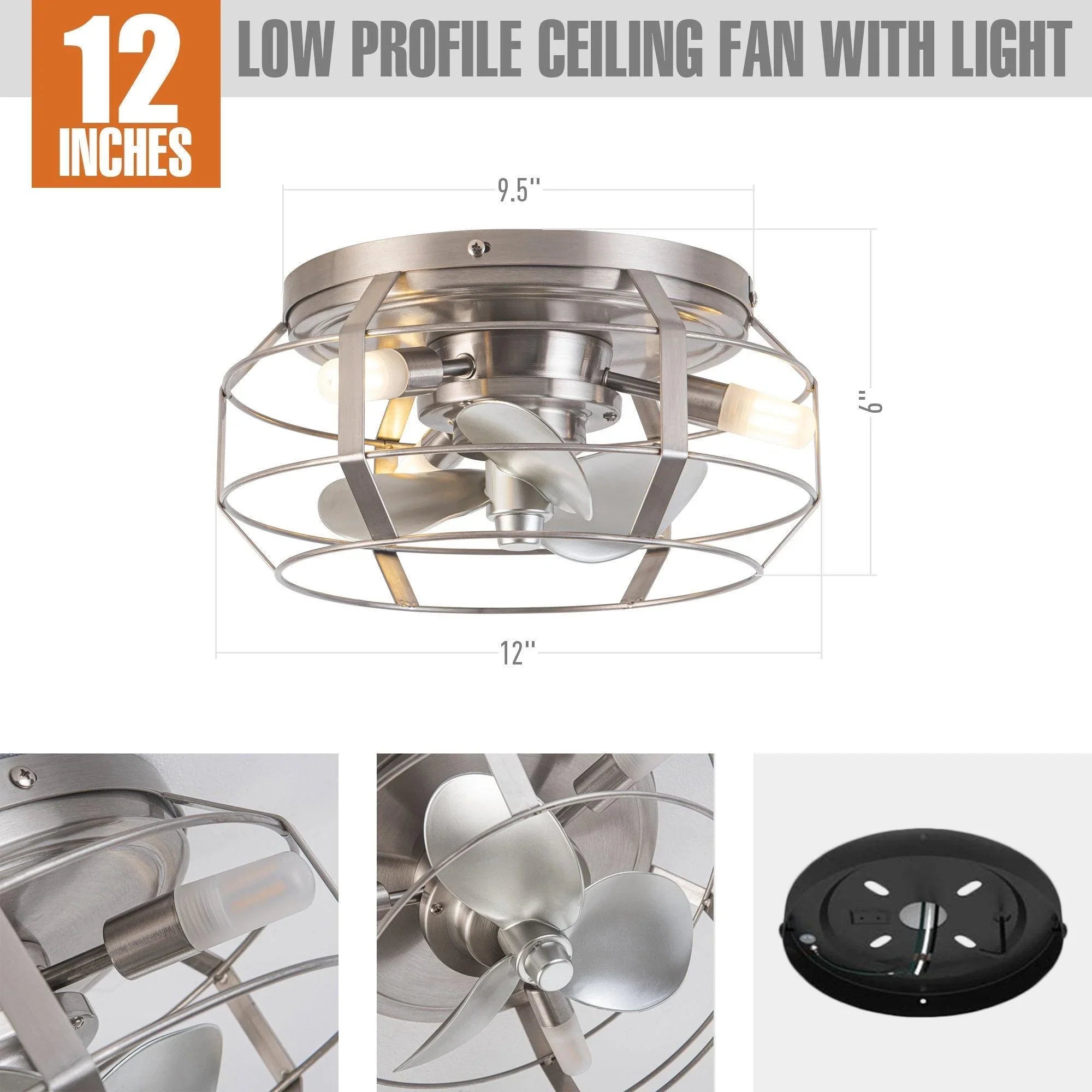 12" Industrial DC Motor Satin Nickel Flush Mount Reversible Iron Ceiling Fan with Lighting and Remote Control - ParrotUncle