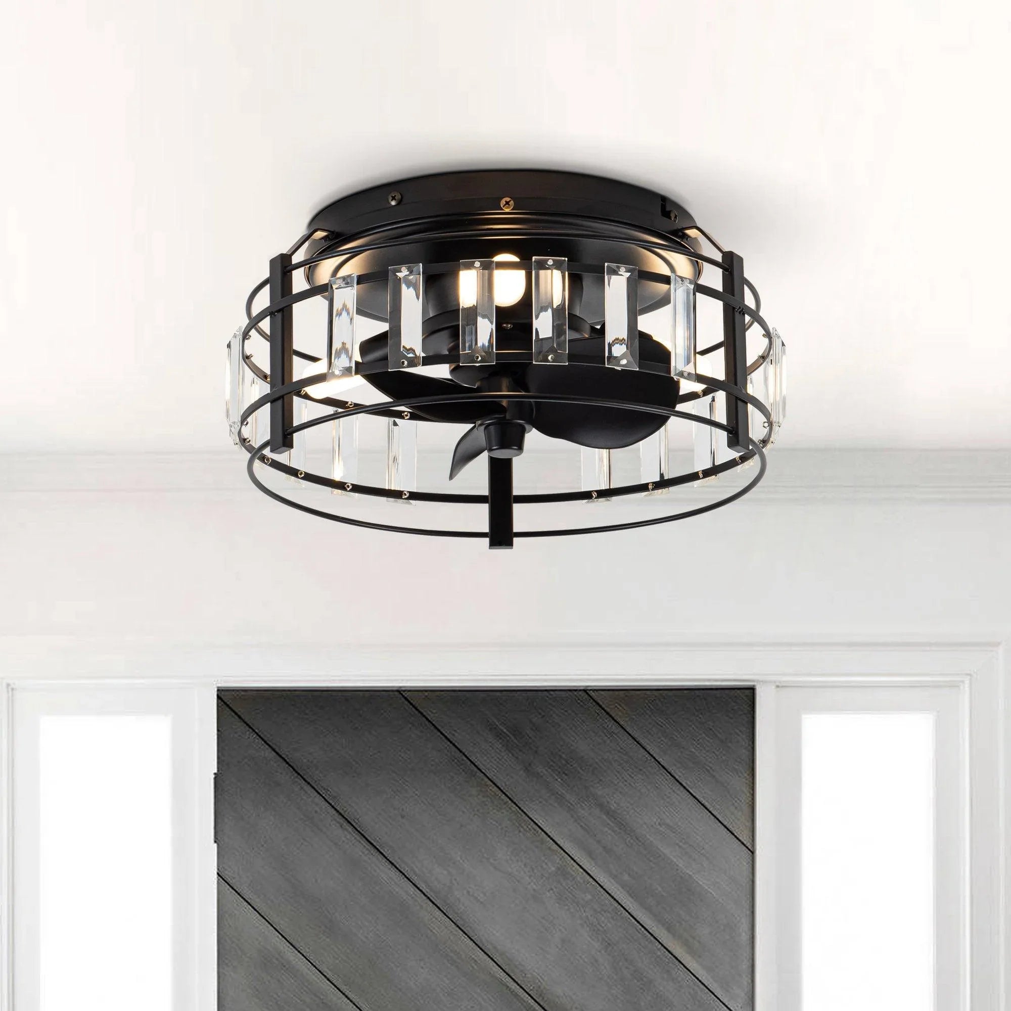 13" Industrial DC Motor Flush Mount Reversible Crystal Ceiling Fan with Lighting and Remote Control - ParrotUncle