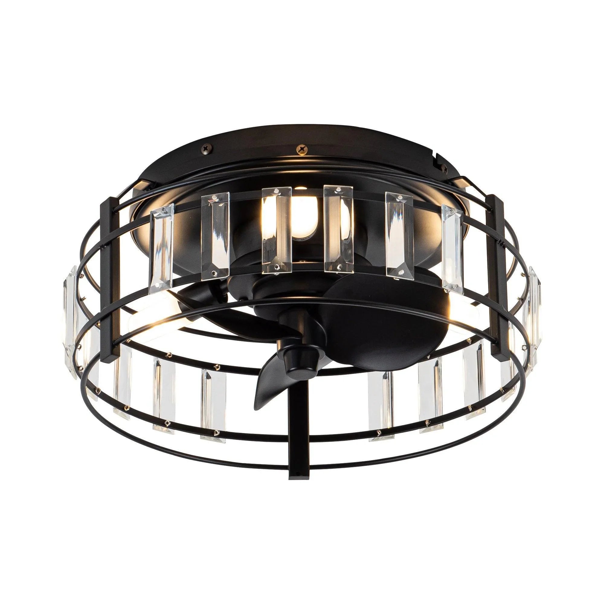 13" Industrial DC Motor Flush Mount Reversible Crystal Ceiling Fan with Lighting and Remote Control - ParrotUncle