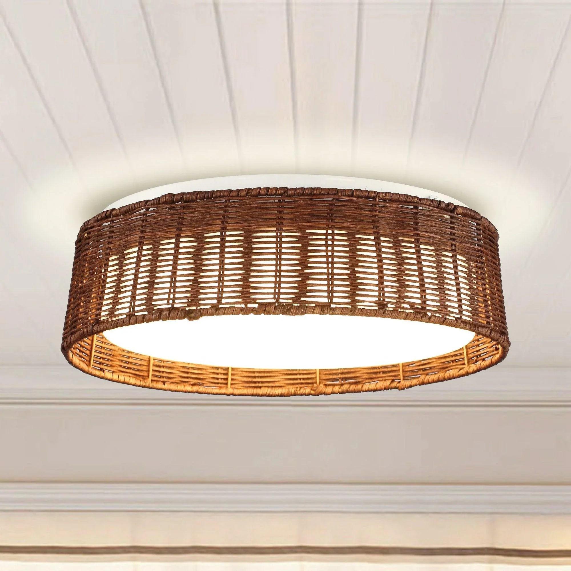 16.5" Traditional Brown Rattan Flush Mount Lighting with LED - ParrotUncle