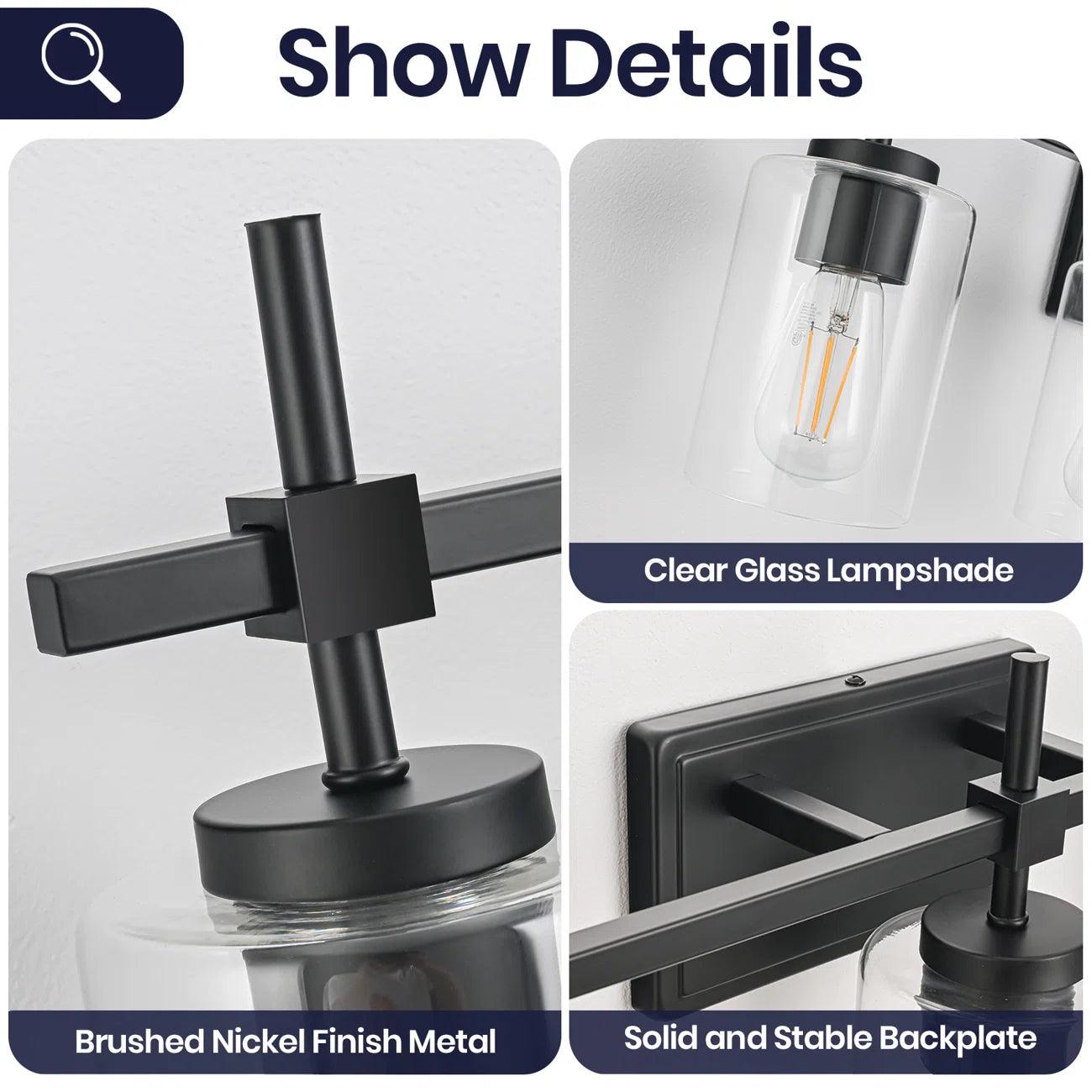 Jasper 3-Light Modern Clear Glass Bathroom Vanity Light, Black & Nickel