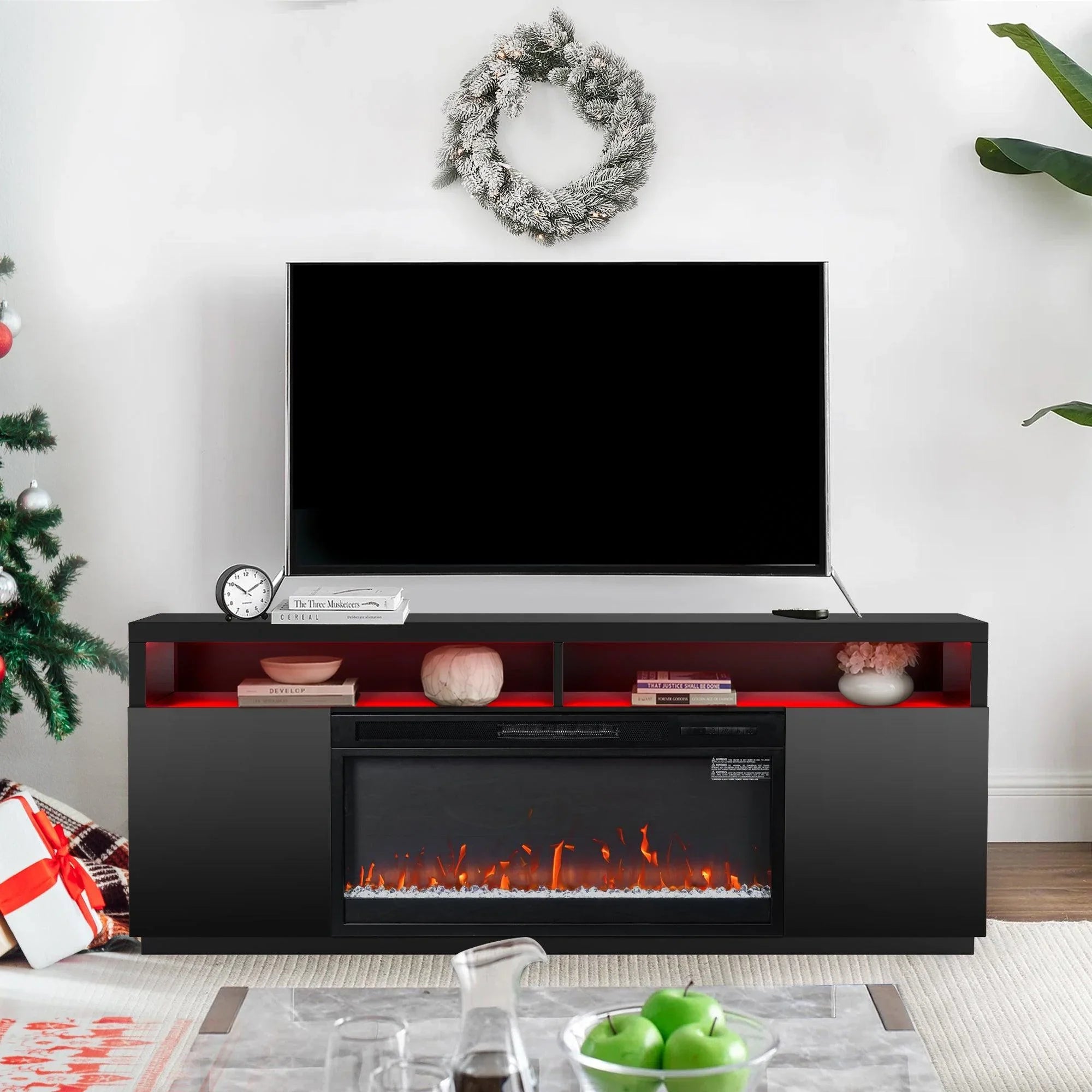 Moderno soporte para TV LED de 68" con chimenea eléctrica de 36" para sala de estar, en blanco o negro.