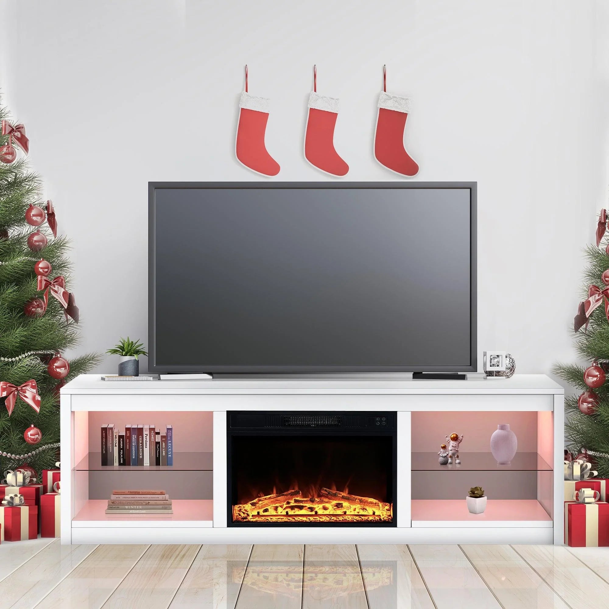 Moderno mueble para TV LED de 66" con chimenea eléctrica de 23" para sala de estar