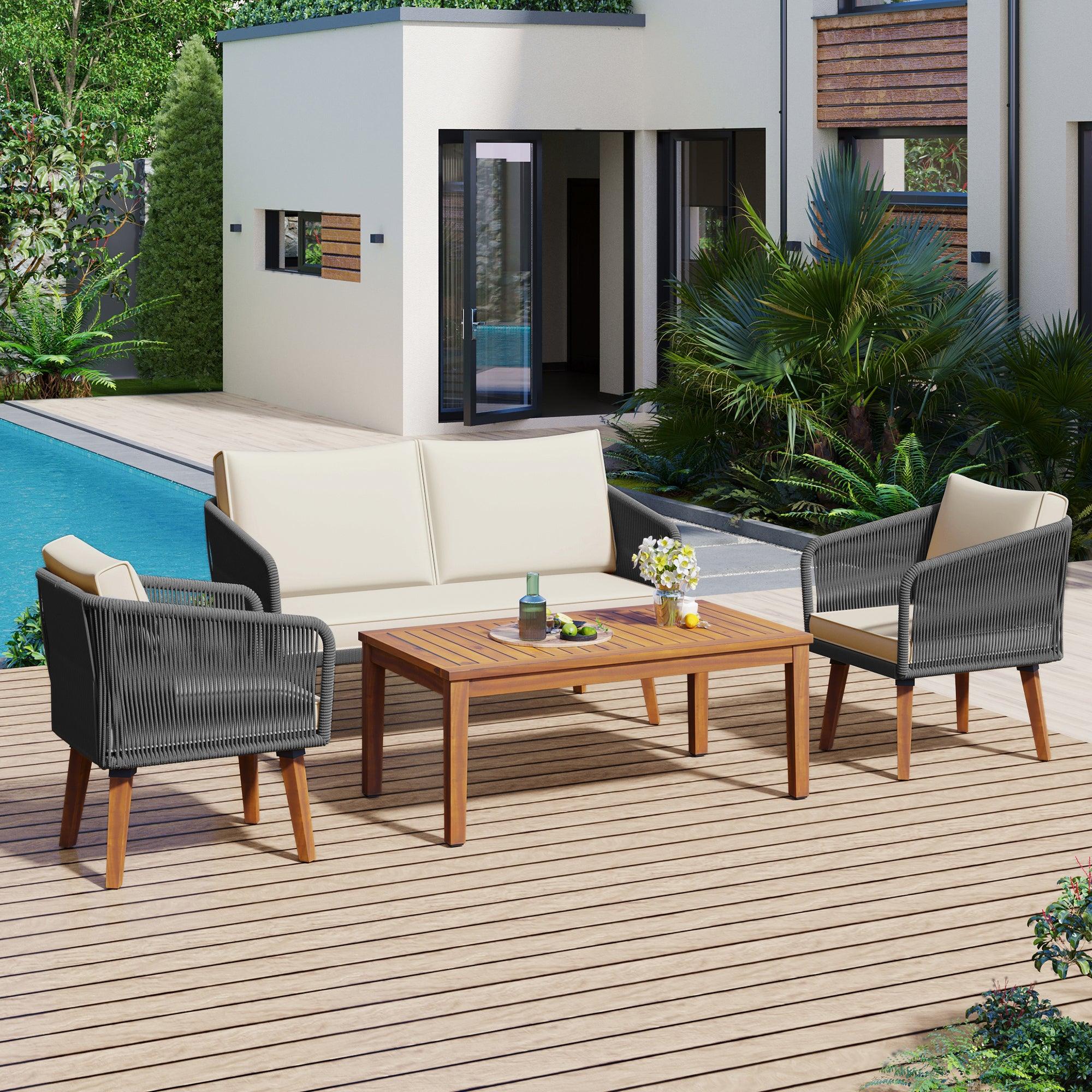 4 Pieces Outdoor Furniture Set with Loveseat, Patio Rope Conversation Set with Cushions for Backyard, Poolside, Garden