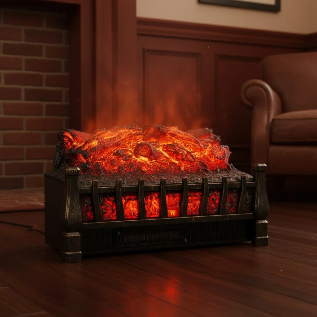 Chimenea eléctrica negra de una sola configuración de calor con llama y control remoto