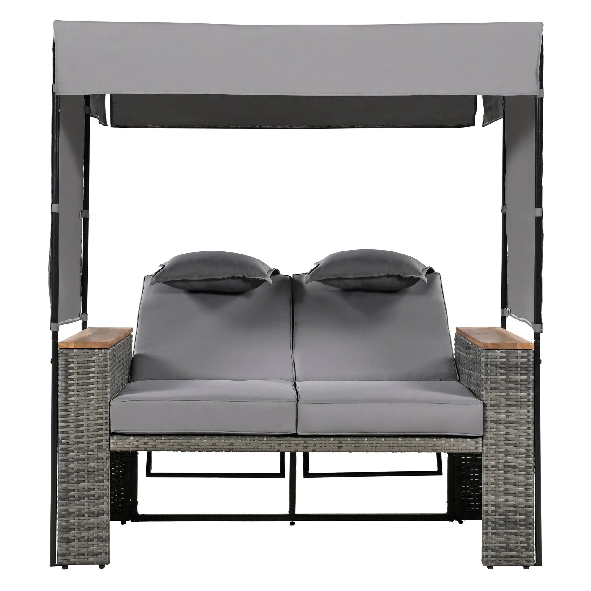 2-Piece Outdoor Rattan Daybed with Bench Lounge Roof Set and Cushions for Poolside, Backyard and Garden