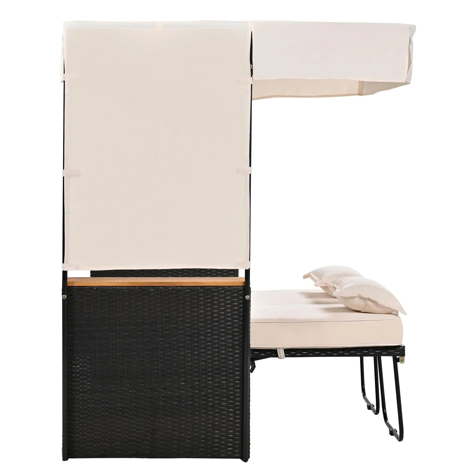 2-Piece Outdoor Rattan Daybed with Bench Lounge Roof Set and Cushions for Poolside, Backyard and Garden