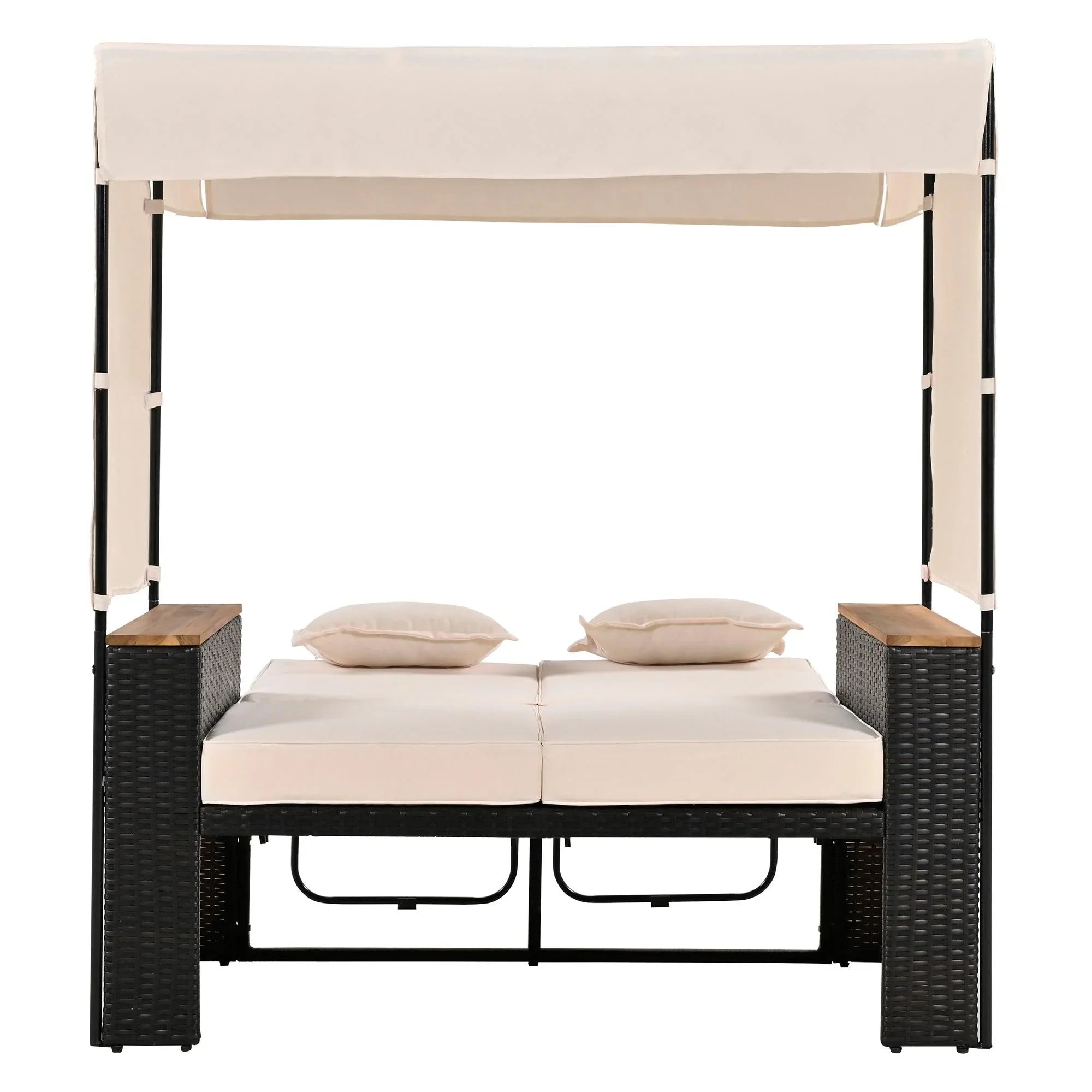 2-Piece Outdoor Rattan Daybed with Bench Lounge Roof Set and Cushions for Poolside, Backyard and Garden