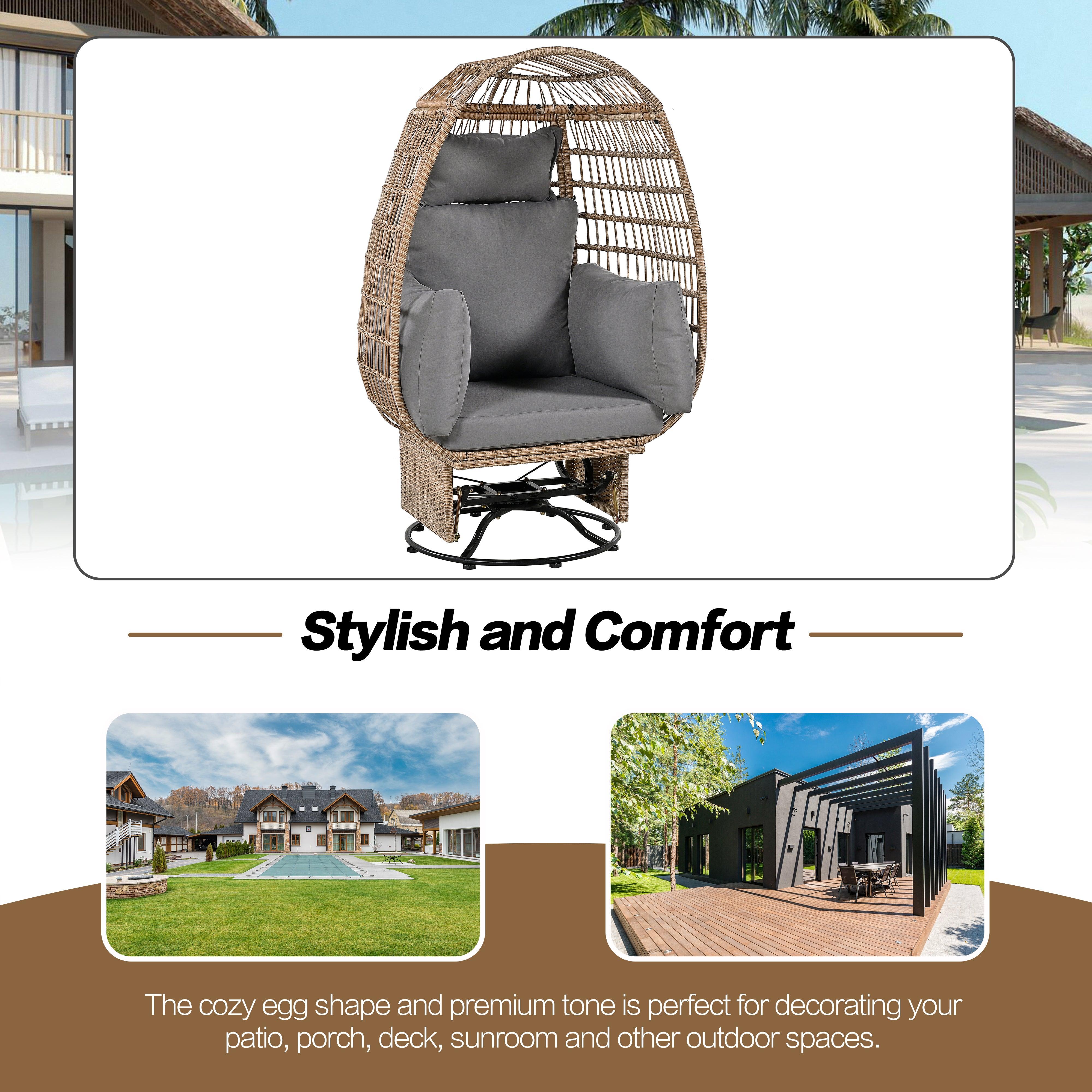 Silla giratoria de exterior con cojines, silla de ratán con forma de huevo y función de balanceo para balcón, piscina y jardín.