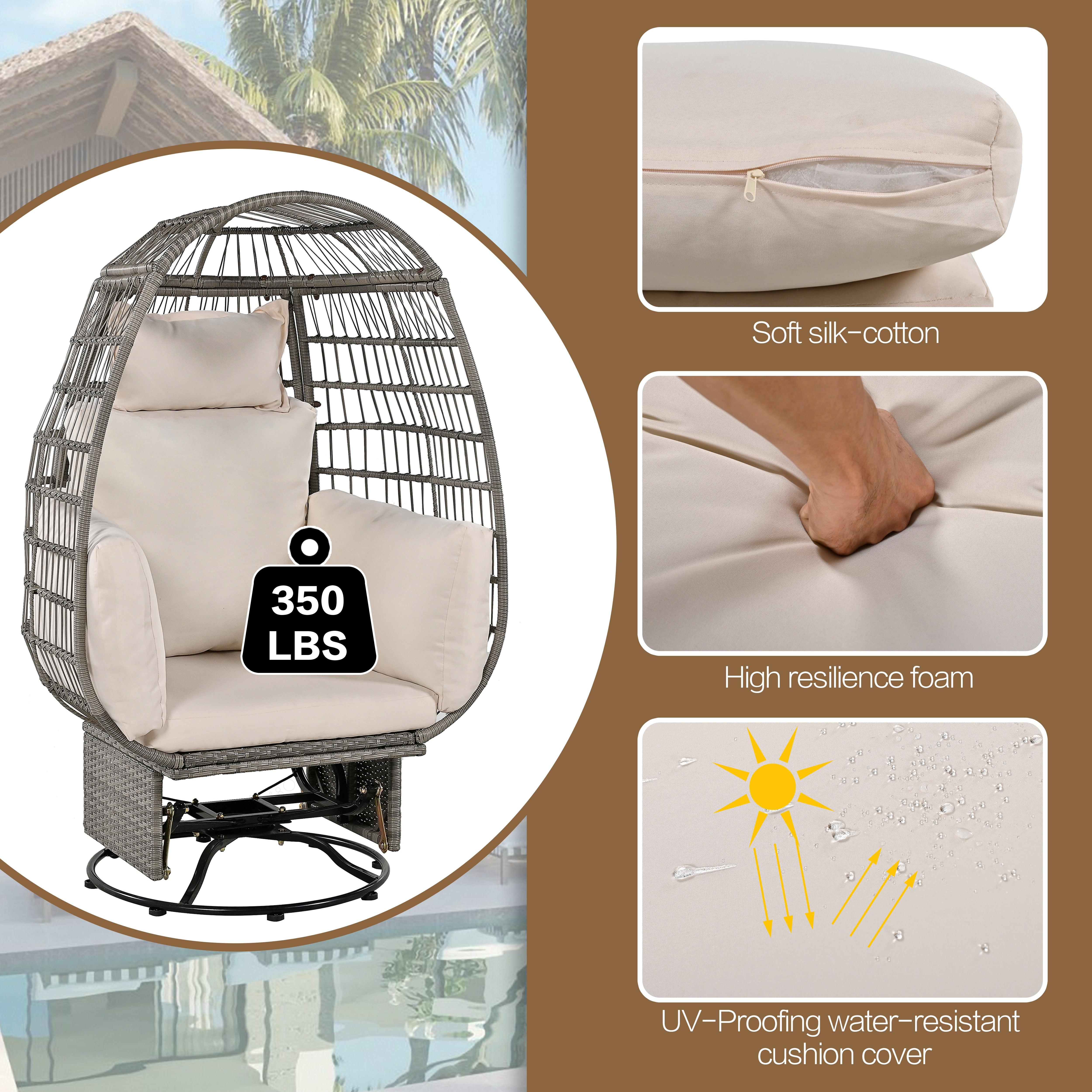 Silla giratoria de exterior con cojines, silla de ratán con forma de huevo y función de balanceo para balcón, piscina y jardín.