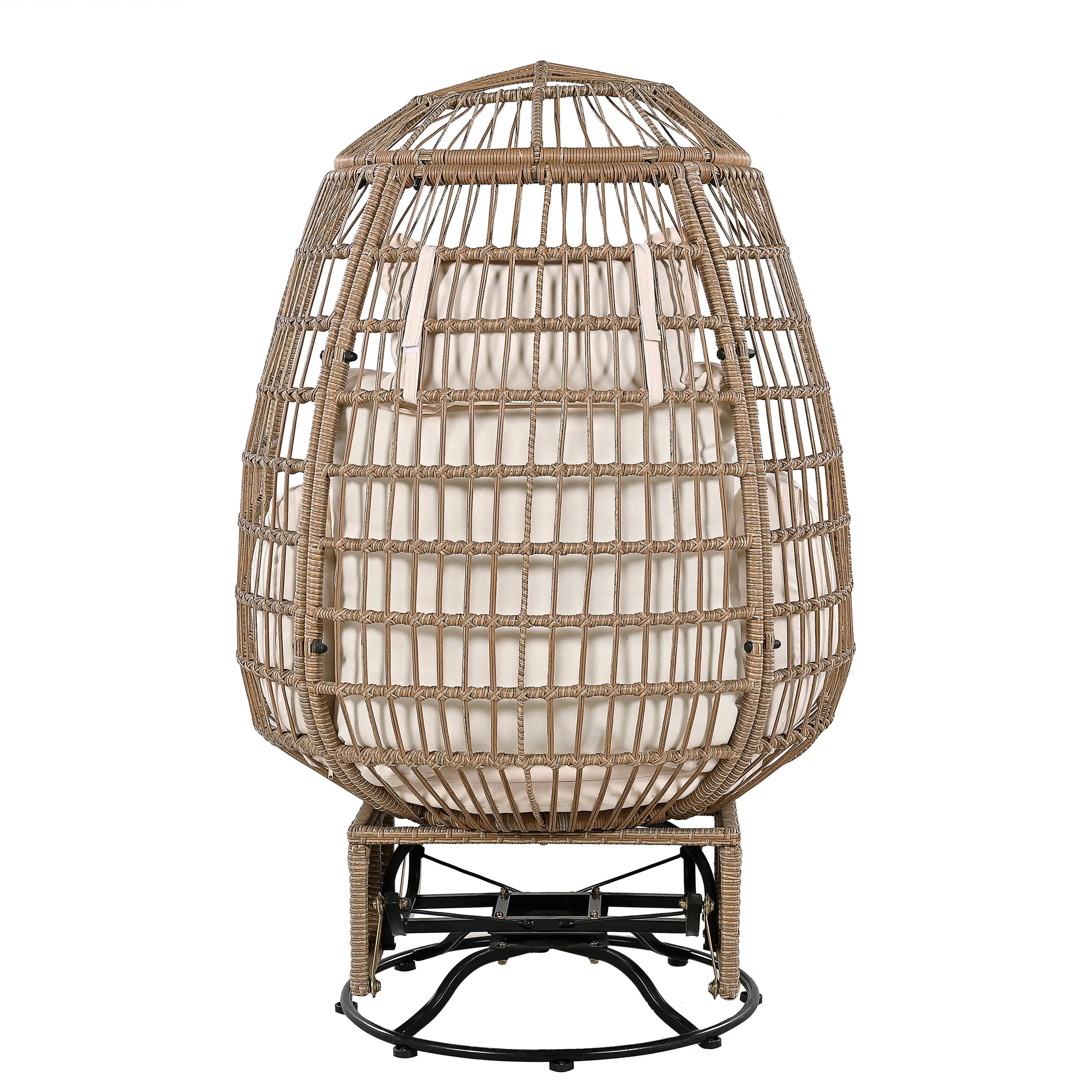 Silla giratoria de exterior con cojines, silla de ratán con forma de huevo y función de balanceo para balcón, piscina y jardín.