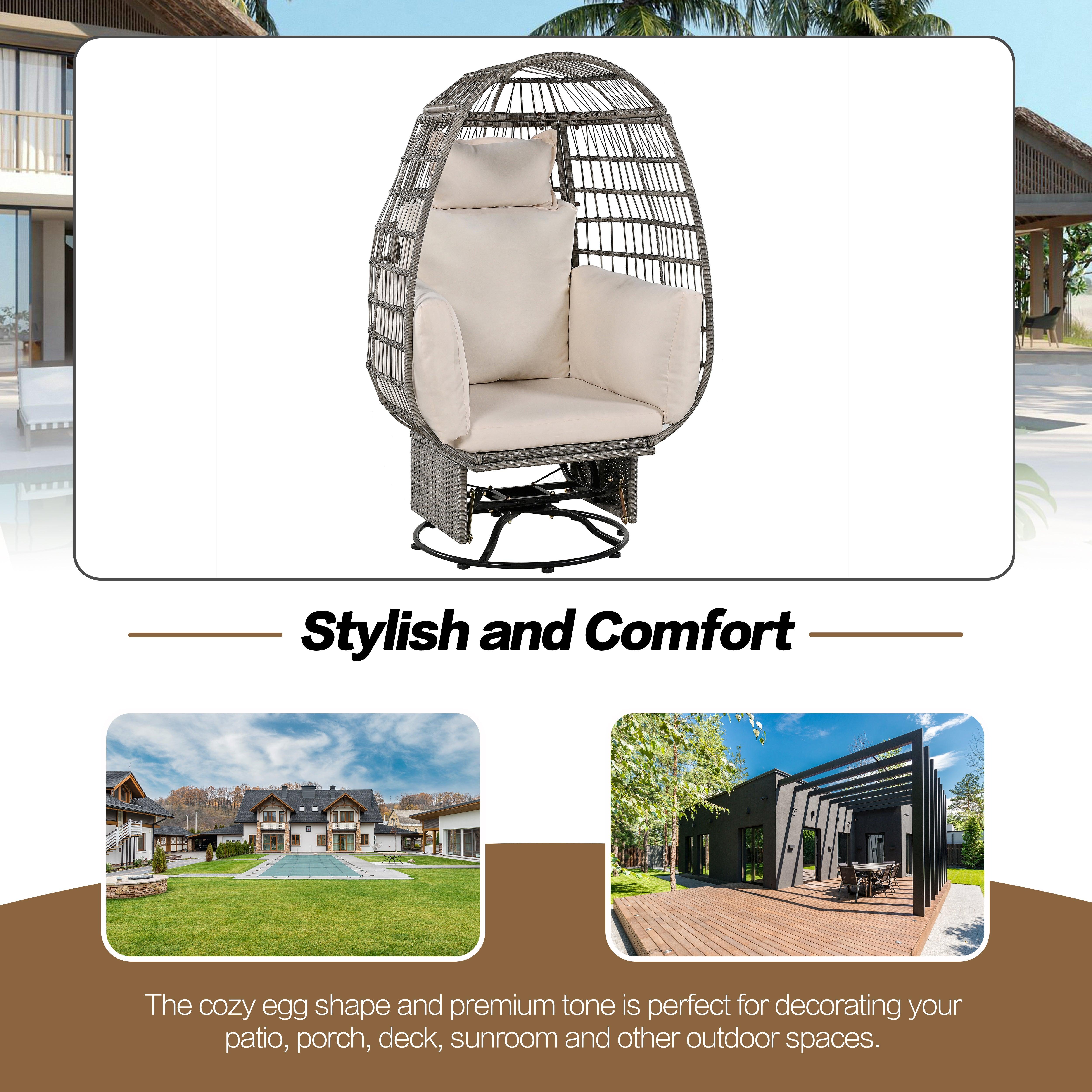 Silla giratoria de exterior con cojines, silla de ratán con forma de huevo y función de balanceo para balcón, piscina y jardín.