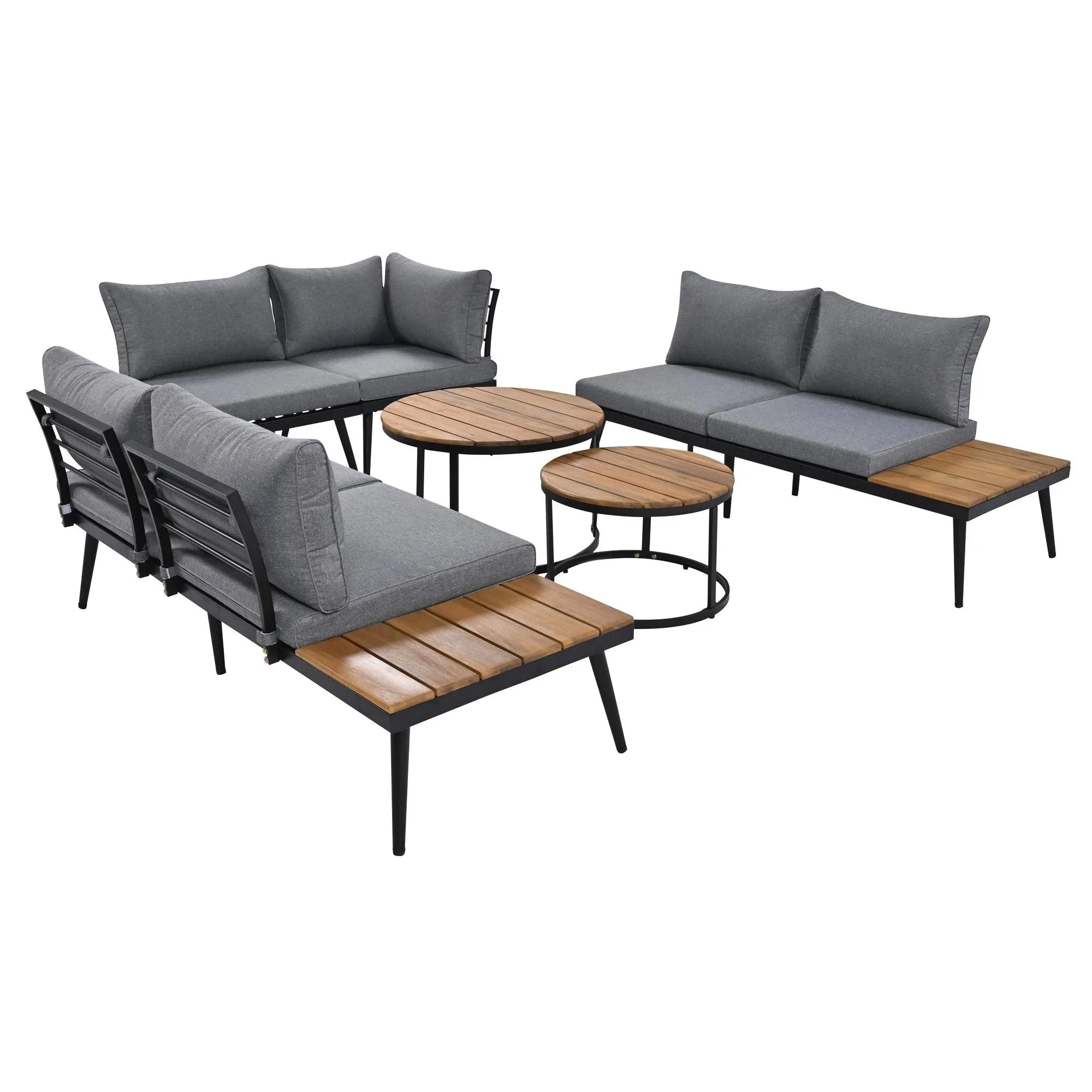 Conjunto de 6 sofás seccionales para exterior con mesas de centro redondas apilables y sofá con cojines para patio, porche y jardín.