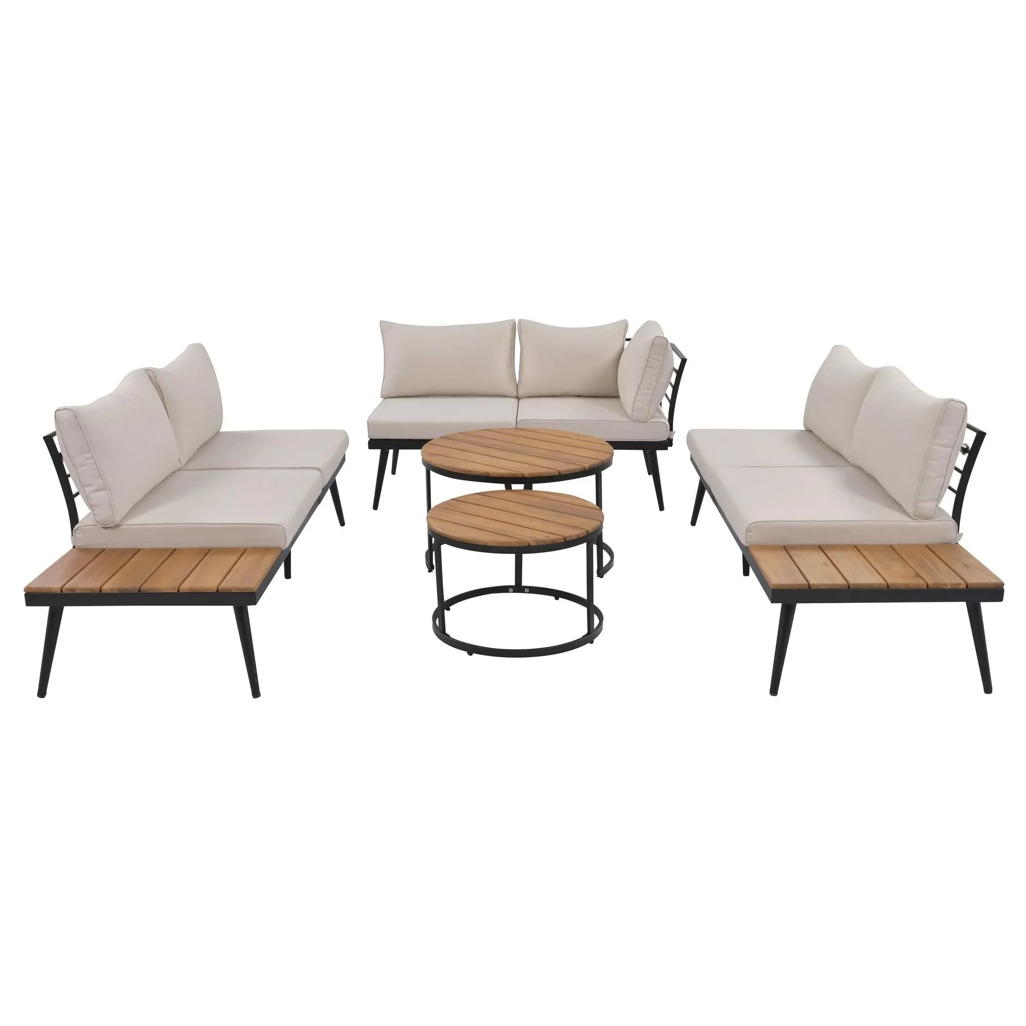 Conjunto de 6 sofás seccionales para exterior con mesas de centro redondas apilables y sofá con cojines para patio, porche y jardín.