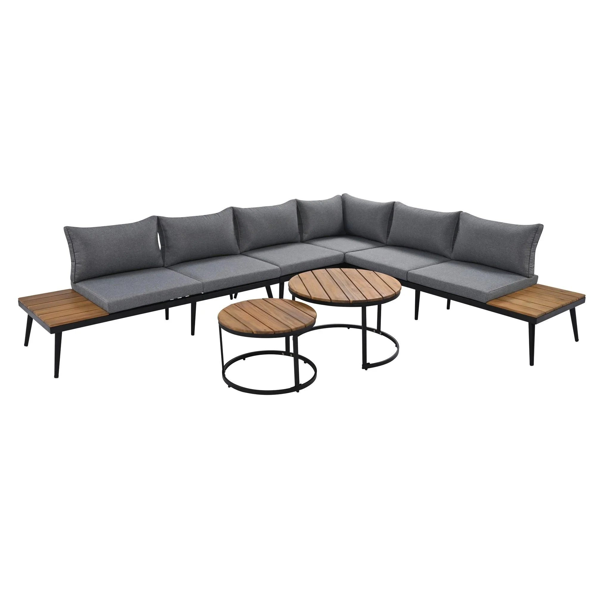 Conjunto de 6 sofás seccionales para exterior con mesas de centro redondas apilables y sofá con cojines para patio, porche y jardín.