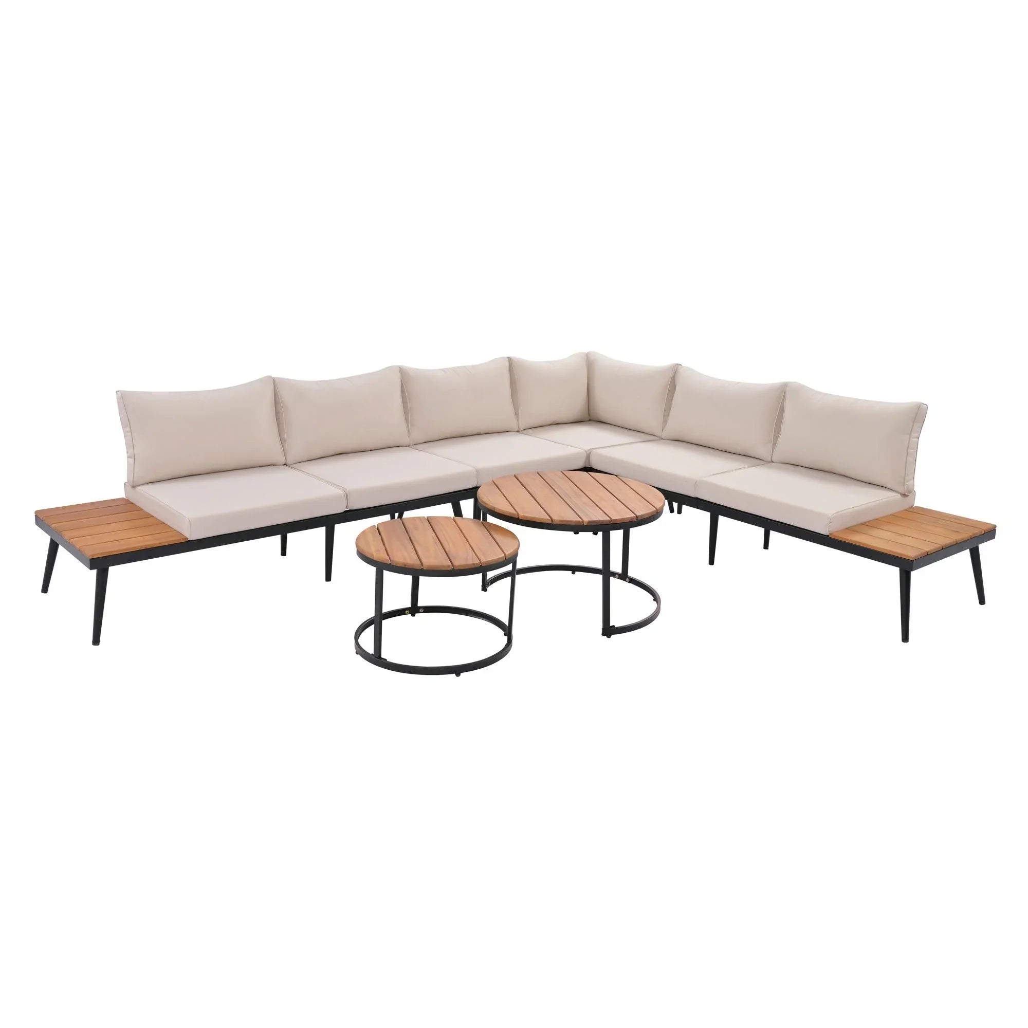 Conjunto de 6 sofás seccionales para exterior con mesas de centro redondas apilables y sofá con cojines para patio, porche y jardín.