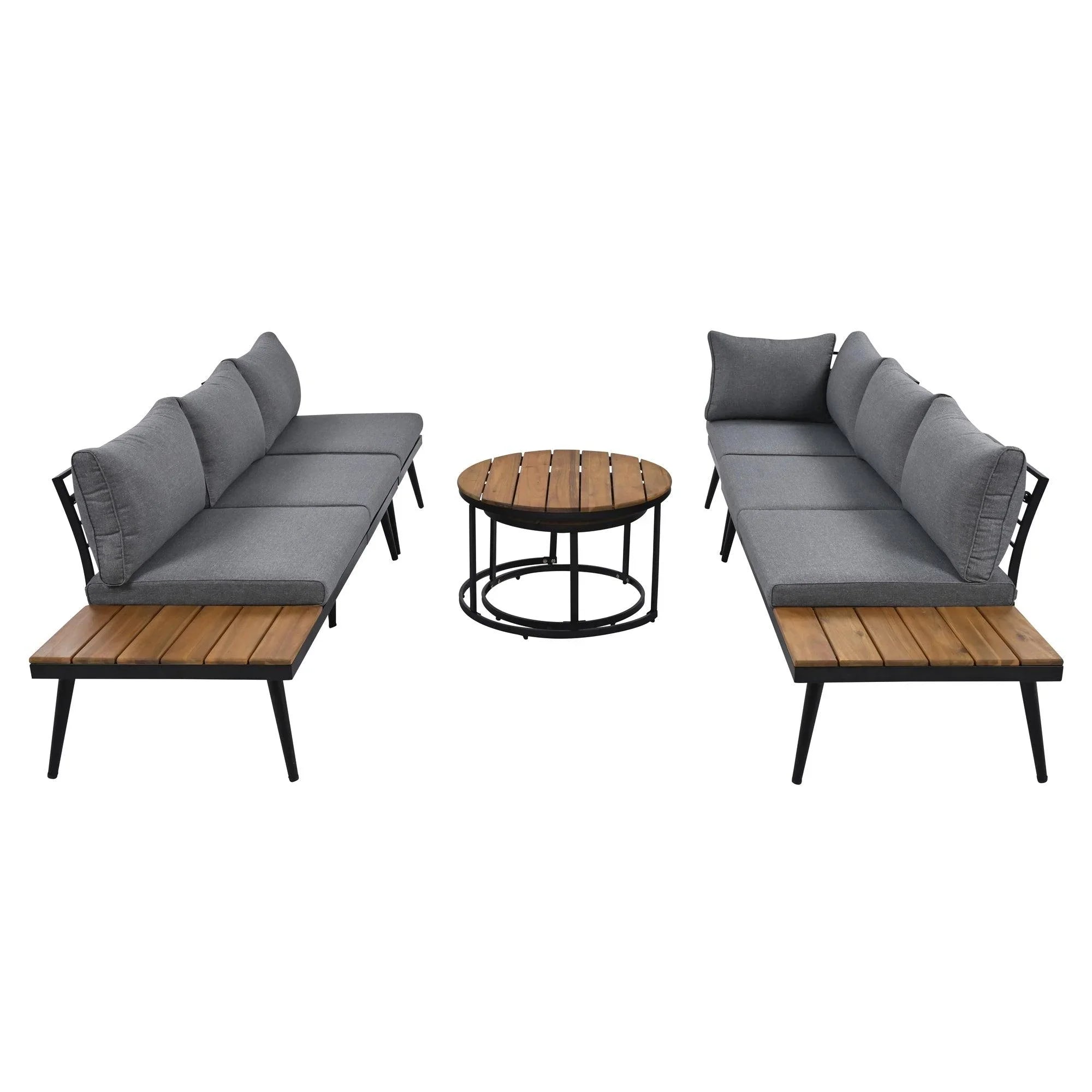 Conjunto de 6 sofás seccionales para exterior con mesas de centro redondas apilables y sofá con cojines para patio, porche y jardín.