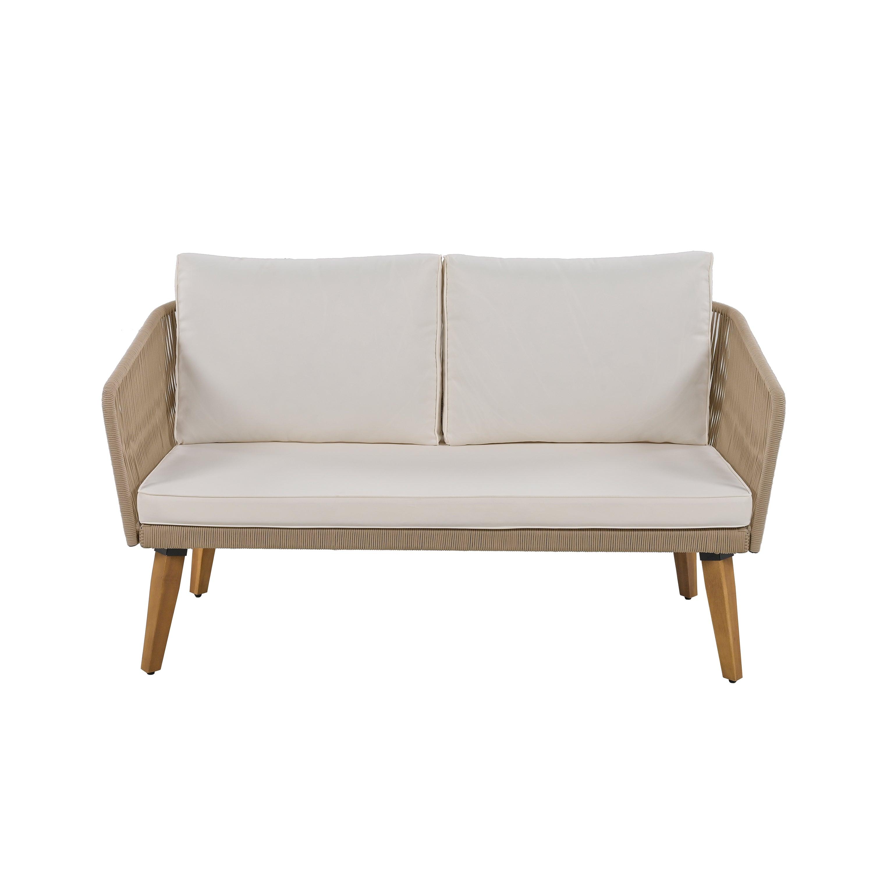 4 Pieces Outdoor Furniture Set with Loveseat, Patio Rope Conversation Set with Cushions for Backyard, Poolside, Garden