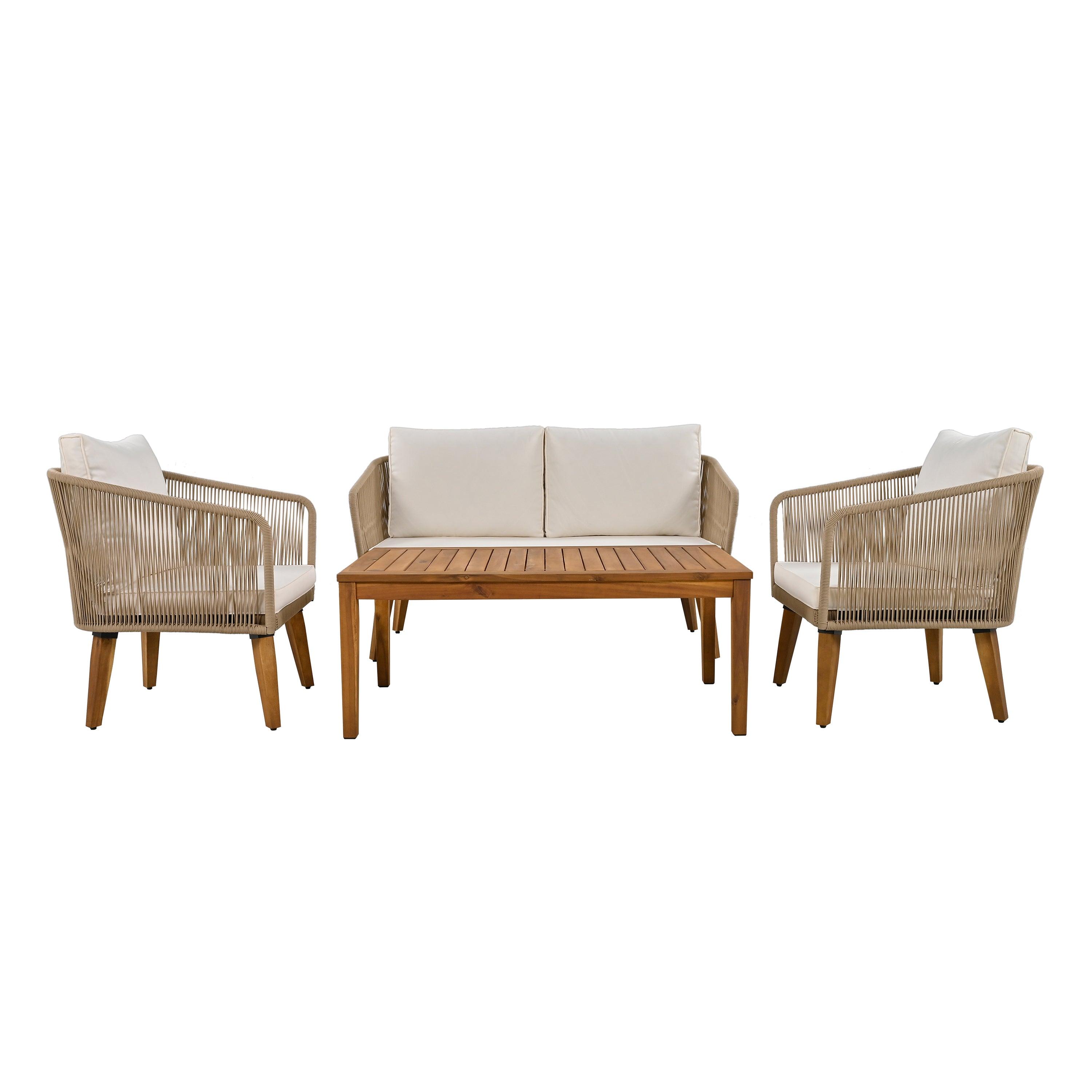 4 Pieces Outdoor Furniture Set with Loveseat, Patio Rope Conversation Set with Cushions for Backyard, Poolside, Garden