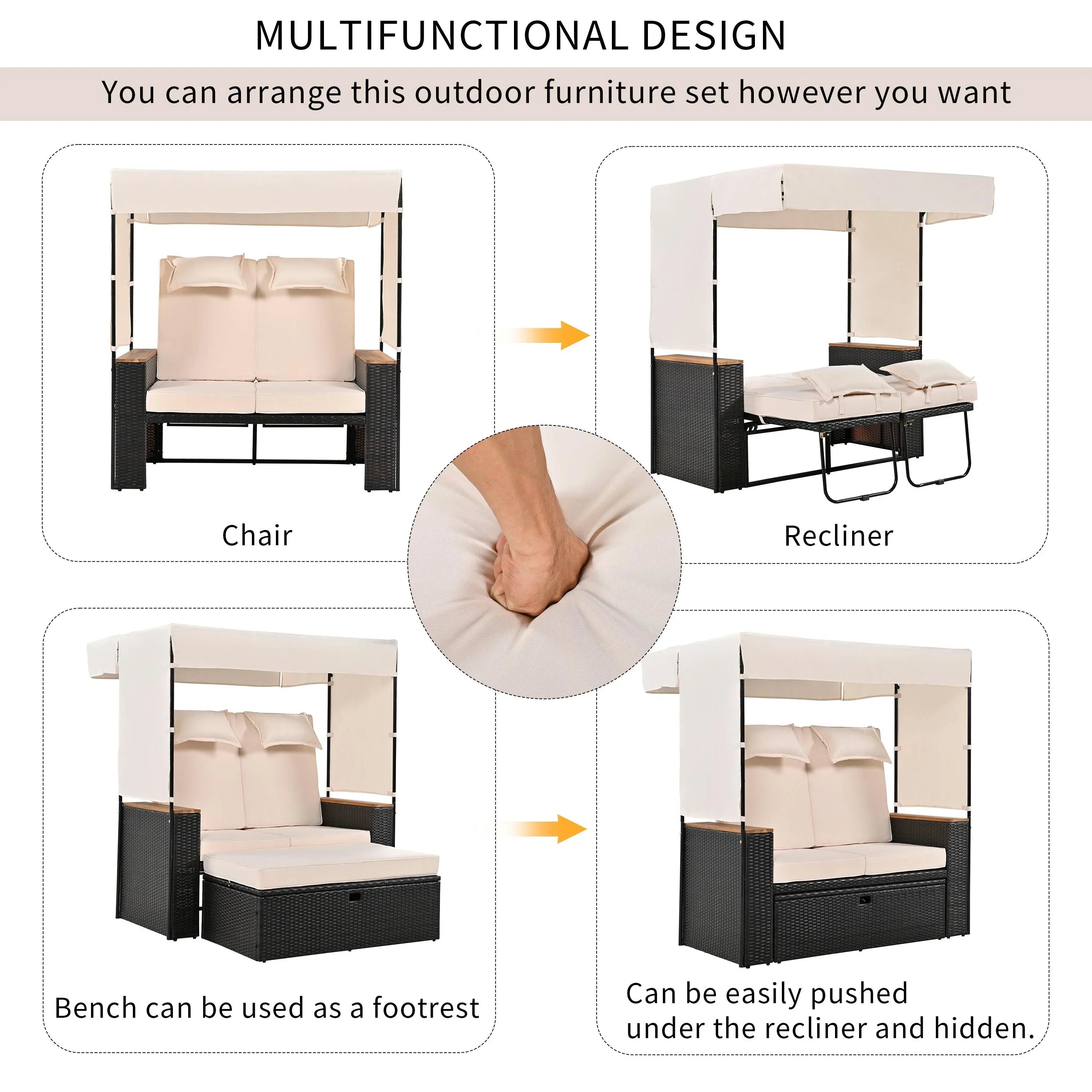 2-Piece Outdoor Rattan Daybed with Bench Lounge Roof Set and Cushions for Poolside, Backyard and Garden