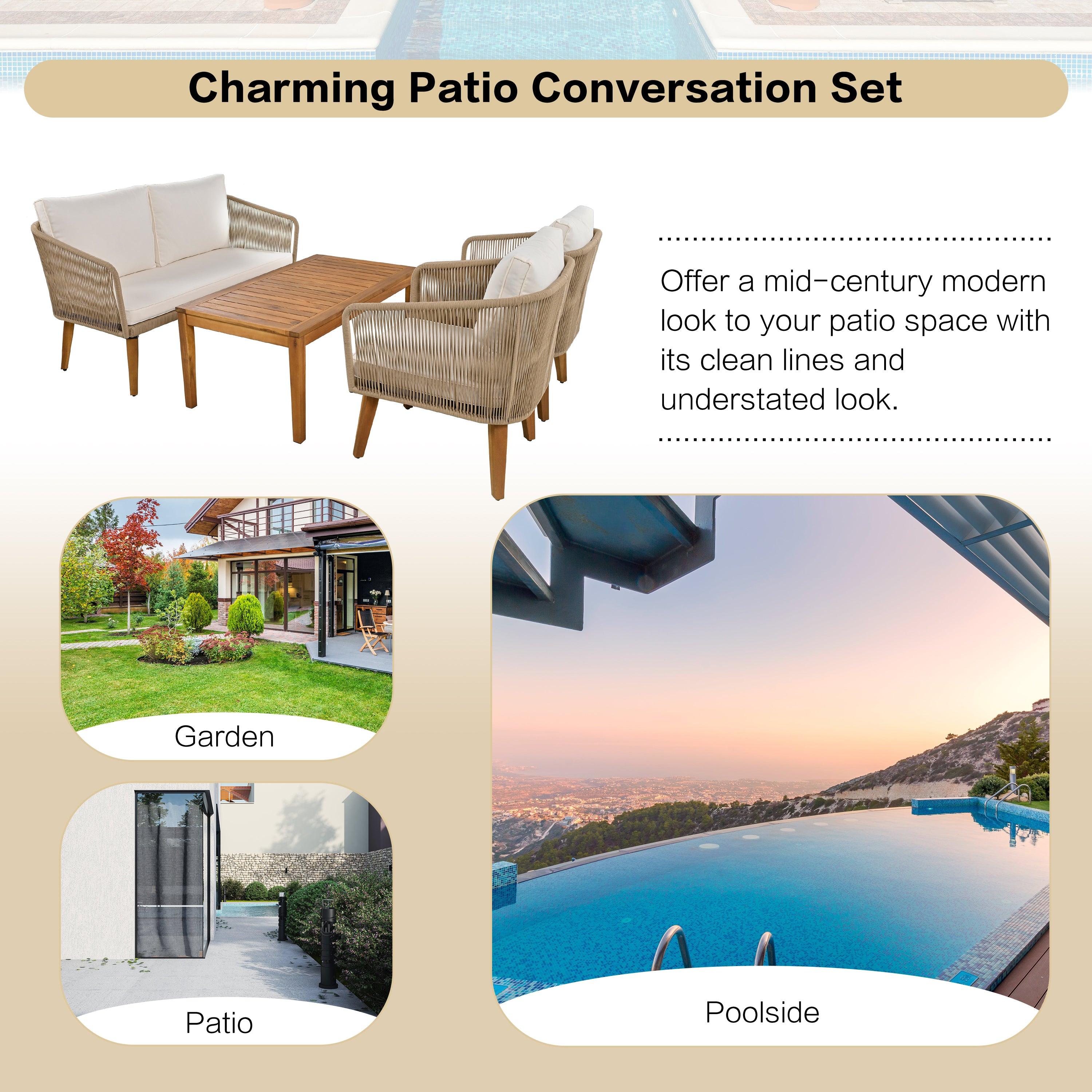 4 Pieces Outdoor Furniture Set with Loveseat, Patio Rope Conversation Set with Cushions for Backyard, Poolside, Garden