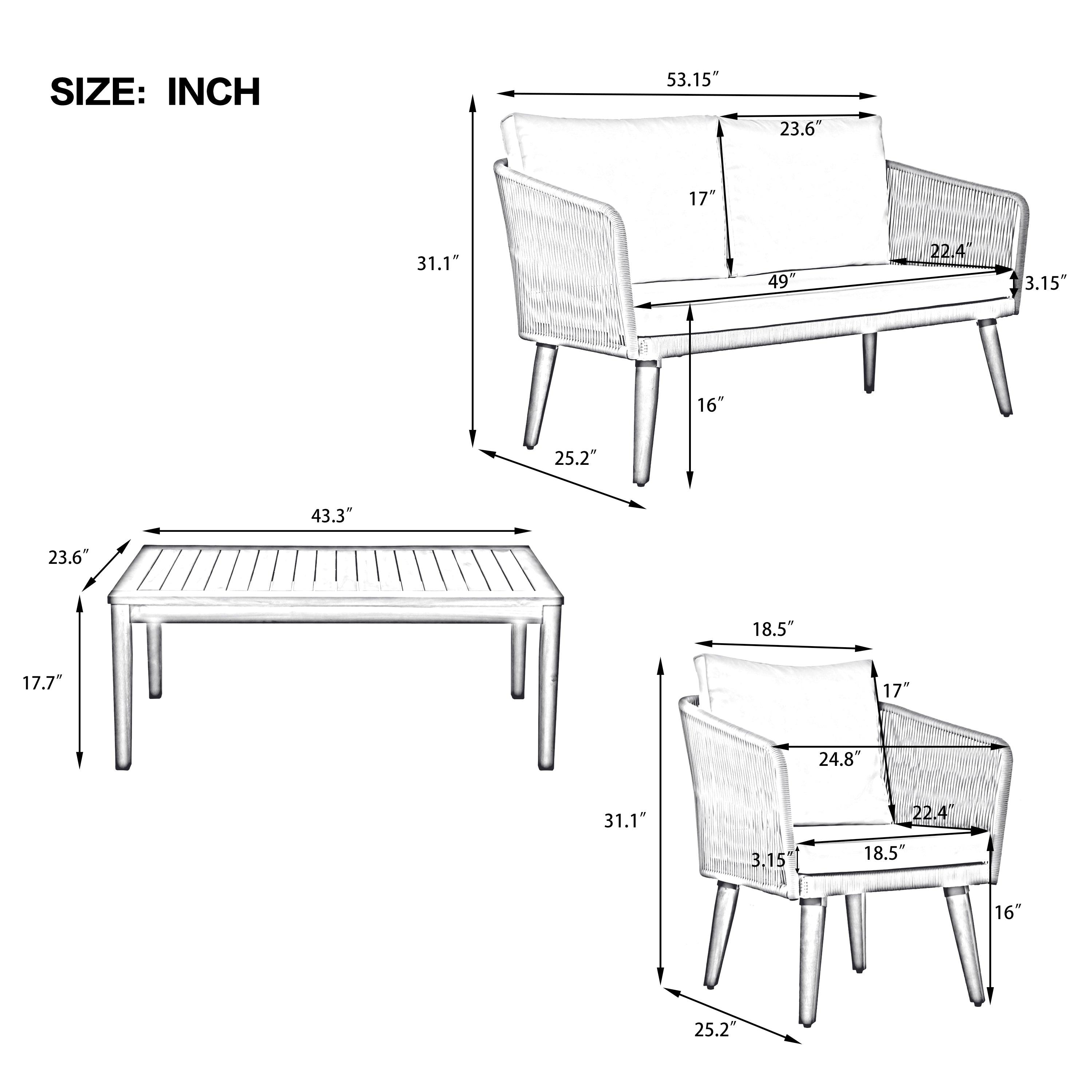 4 Pieces Outdoor Furniture Set with Loveseat, Patio Rope Conversation Set with Cushions for Backyard, Poolside, Garden
