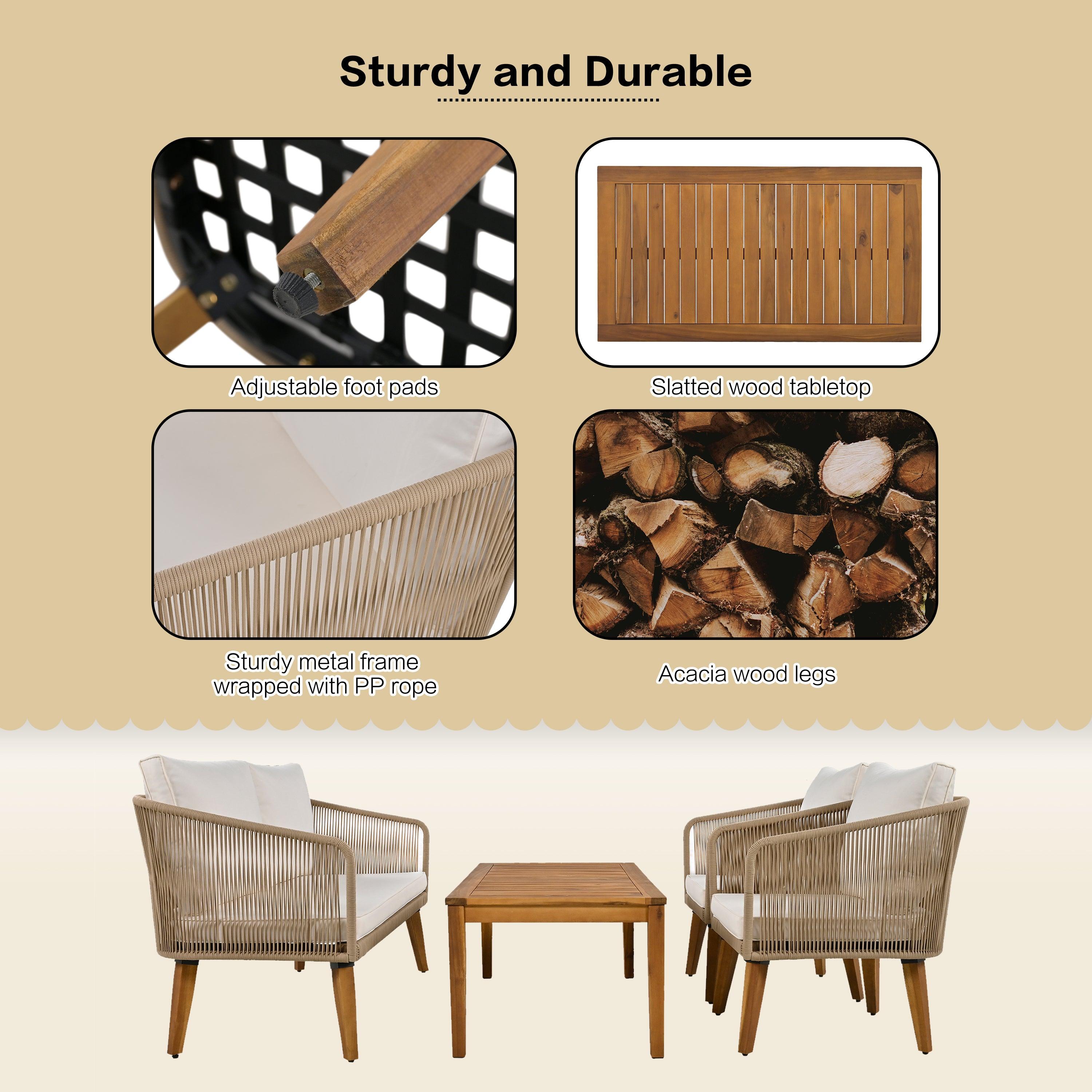 4 Pieces Outdoor Furniture Set with Loveseat, Patio Rope Conversation Set with Cushions for Backyard, Poolside, Garden