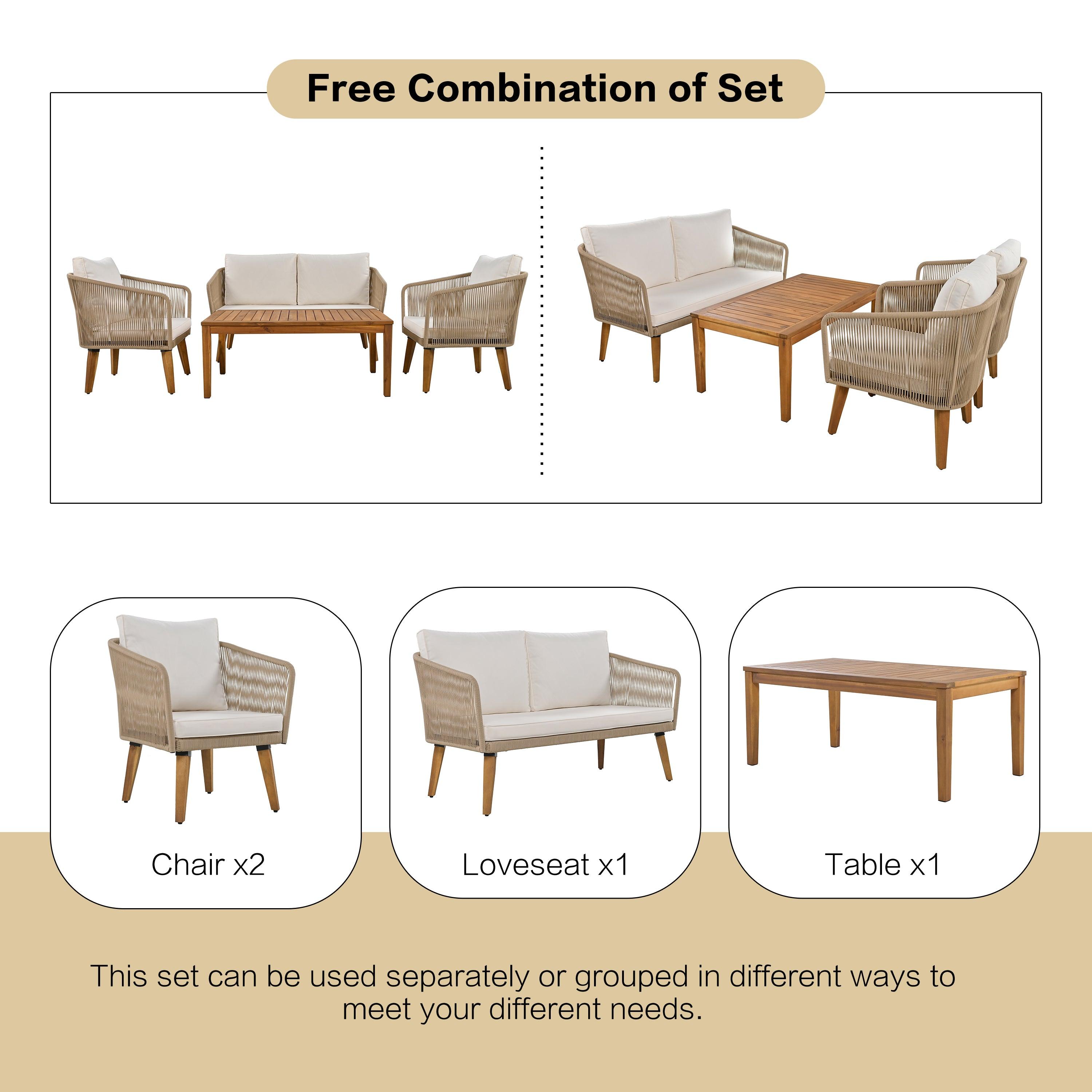 4 Pieces Outdoor Furniture Set with Loveseat, Patio Rope Conversation Set with Cushions for Backyard, Poolside, Garden