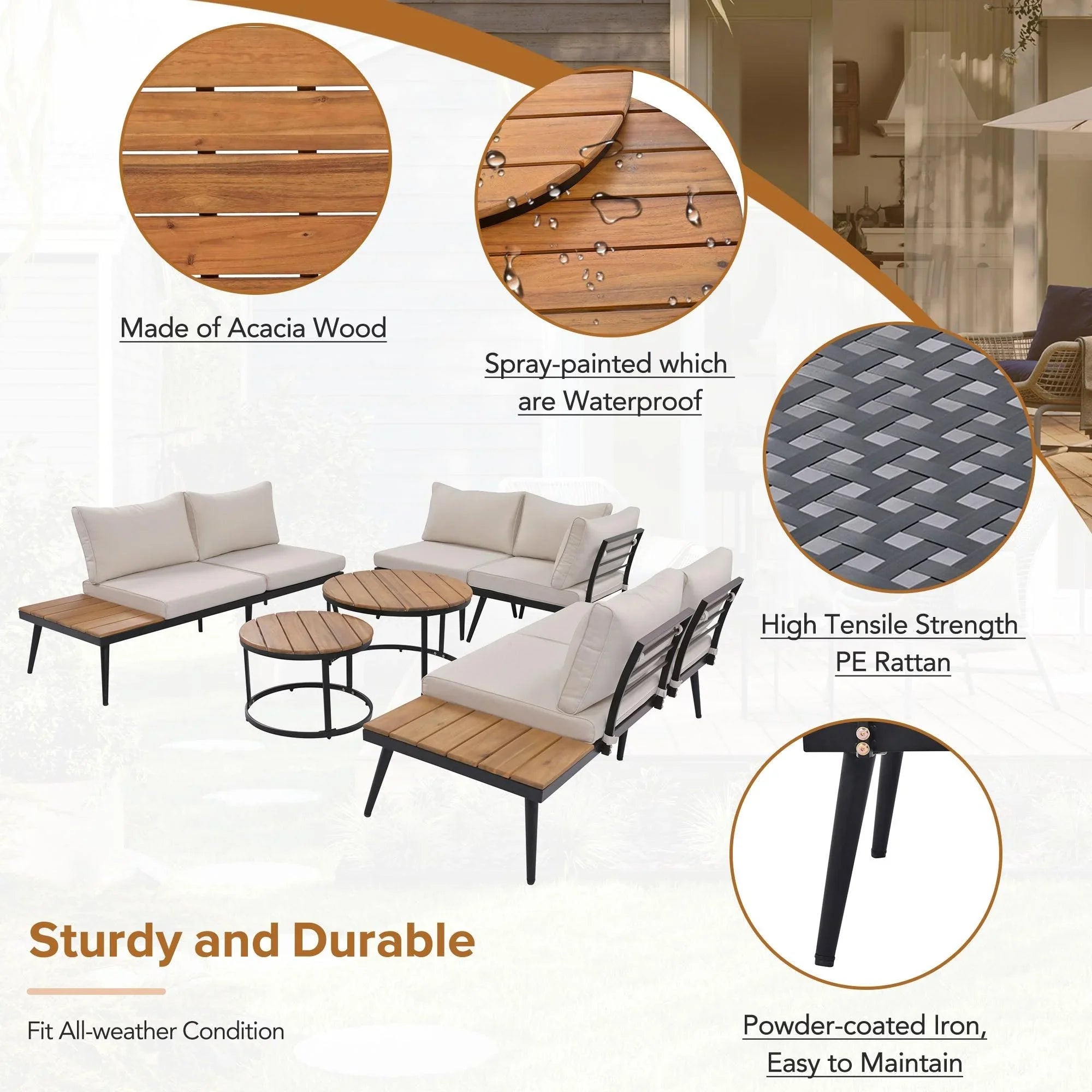 Conjunto de 6 sofás seccionales para exterior con mesas de centro redondas apilables y sofá con cojines para patio, porche y jardín.