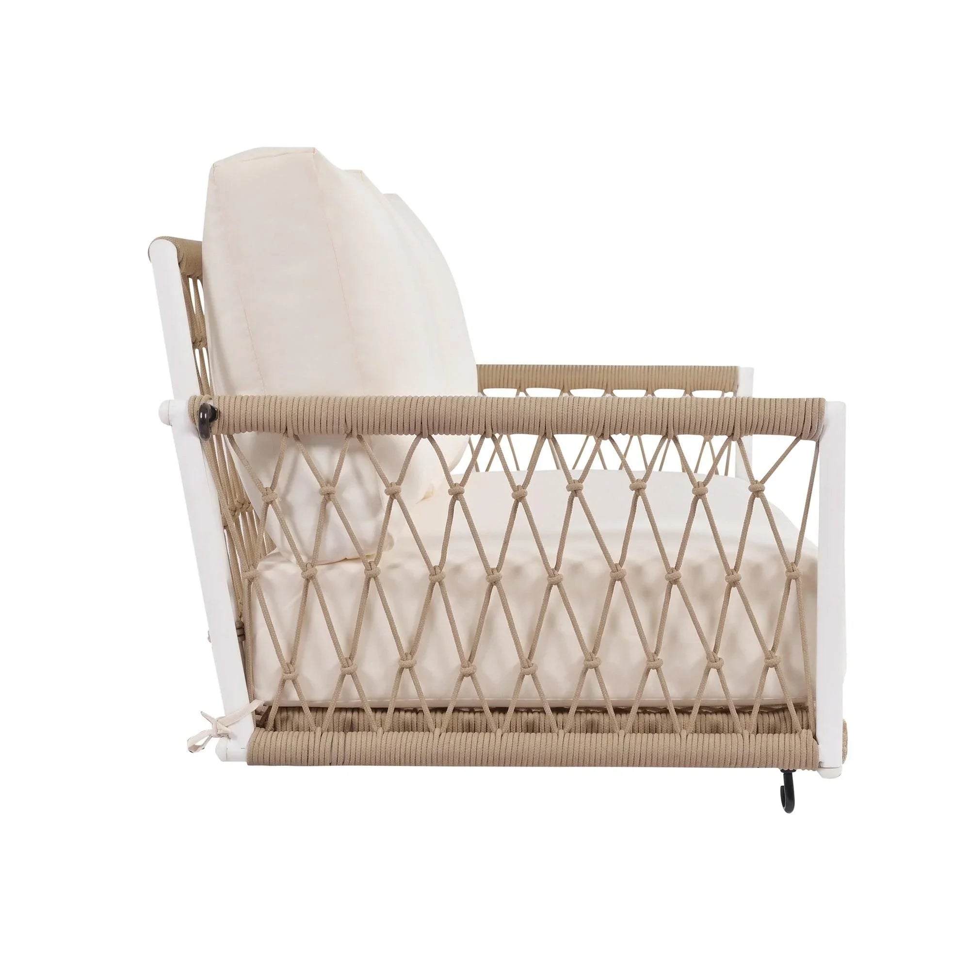 Sofá columpio de exterior de cuerda tejida de una pieza con cojines suaves, capacidad para 2 personas, para patio, jardín y balcón.