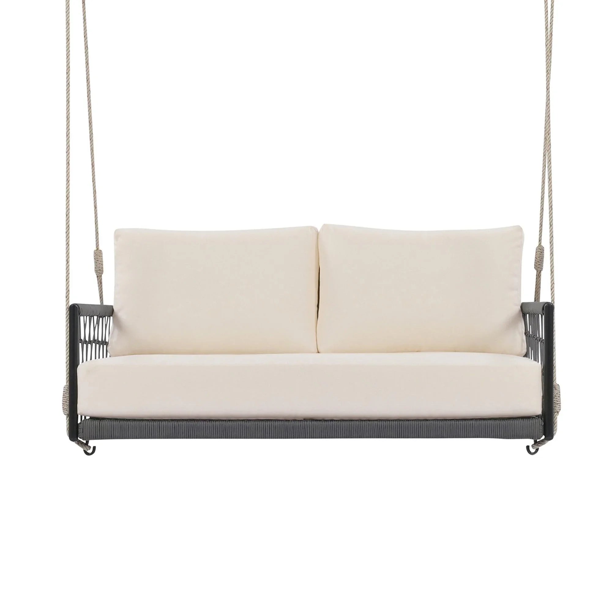 Sofá columpio de exterior de cuerda tejida de una pieza con cojines suaves, capacidad para 2 personas, para patio, jardín y balcón.