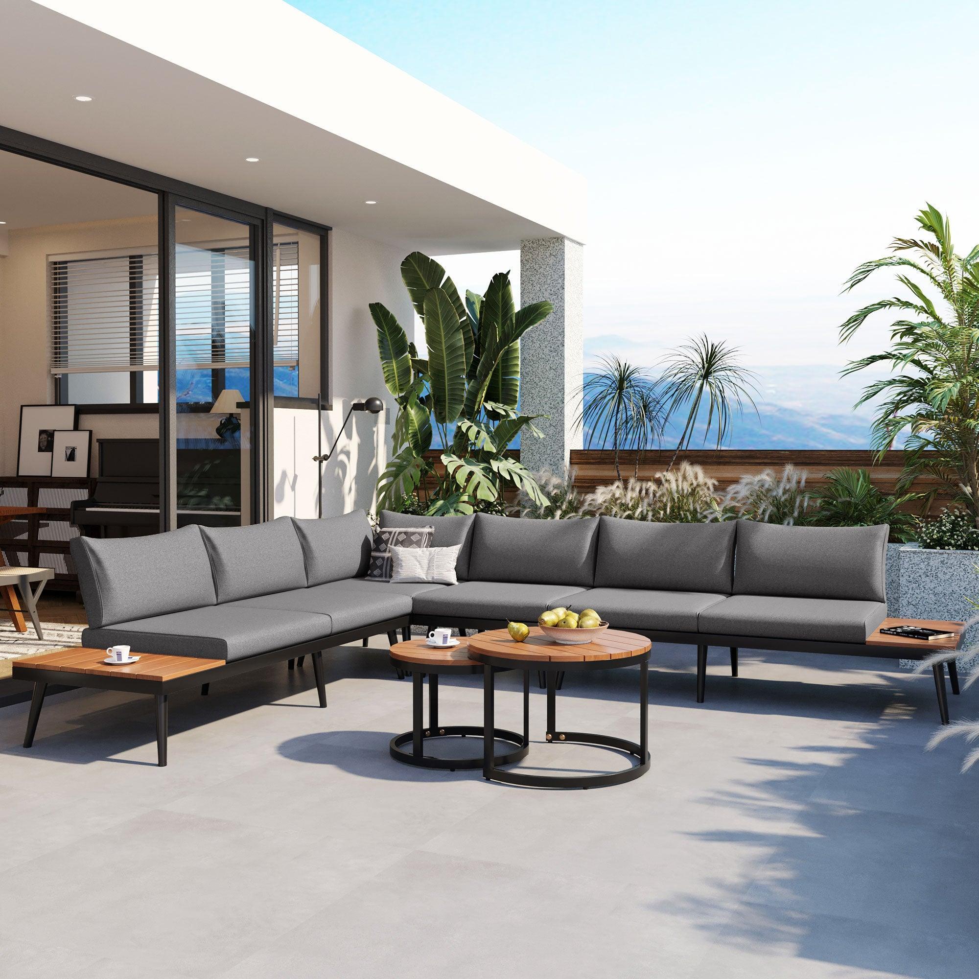 Conjunto de 6 sofás seccionales para exterior con mesas de centro redondas apilables y sofá con cojines para patio, porche y jardín.
