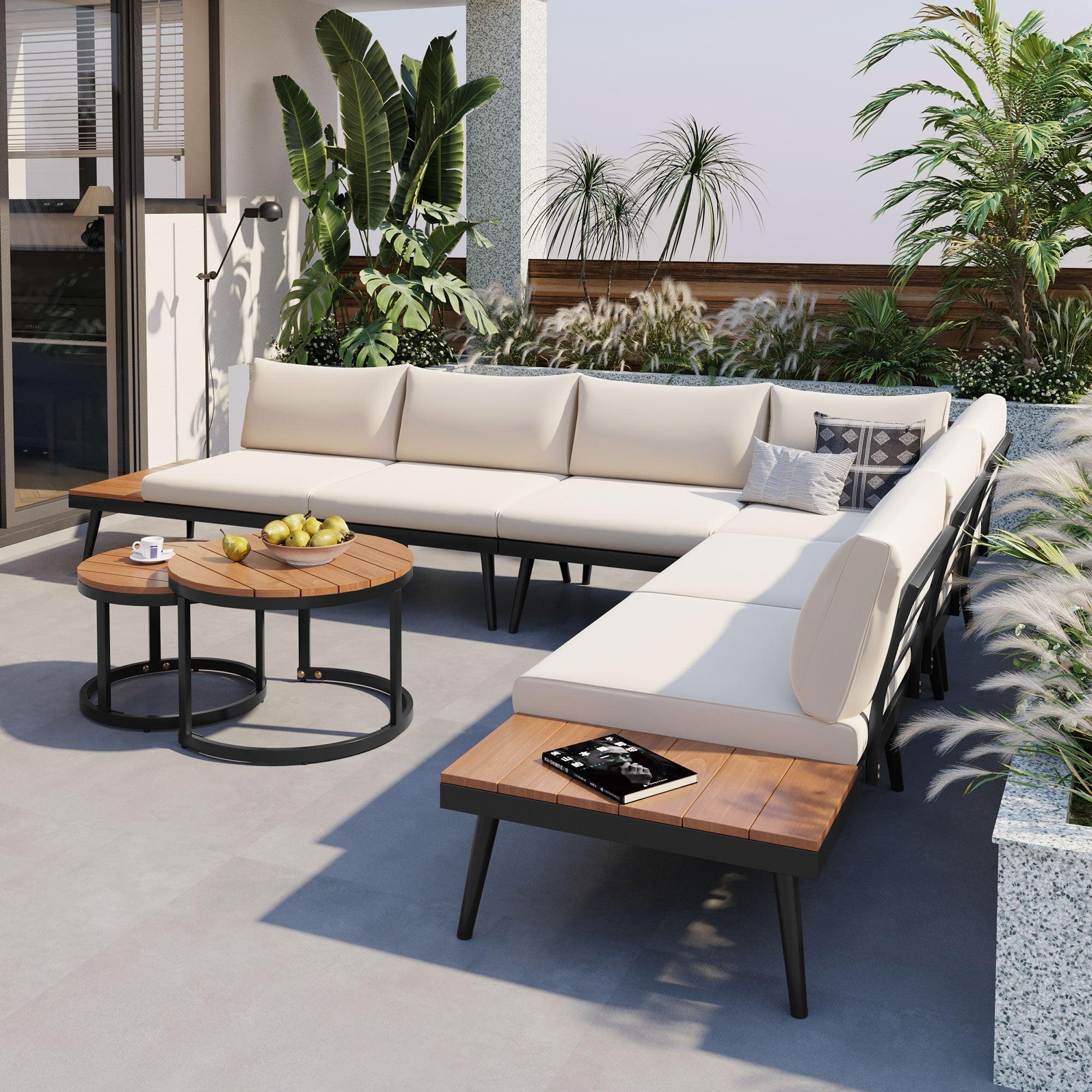 Conjunto de 6 sofás seccionales para exterior con mesas de centro redondas apilables y sofá con cojines para patio, porche y jardín.