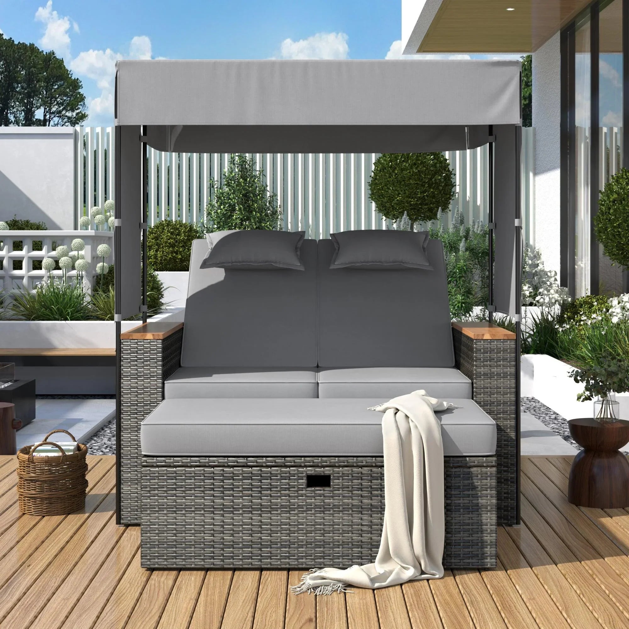 2-Piece Outdoor Rattan Daybed with Bench Lounge Roof Set and Cushions for Poolside, Backyard and Garden