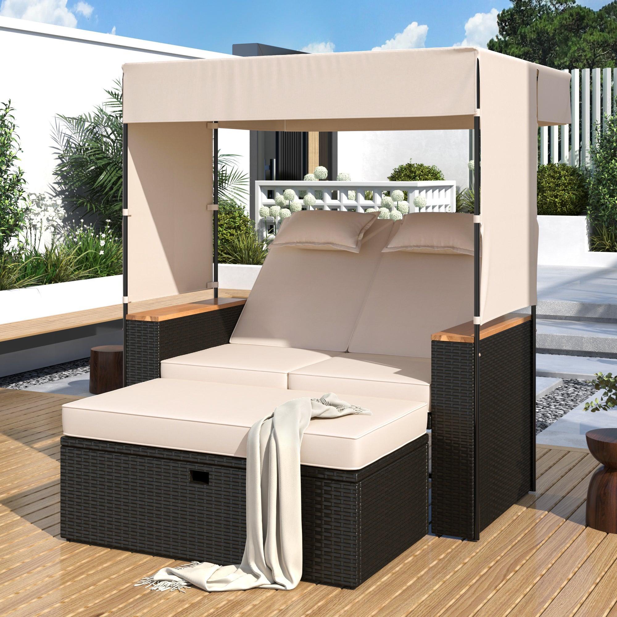 2-Piece Outdoor Rattan Daybed with Bench Lounge Roof Set and Cushions for Poolside, Backyard and Garden