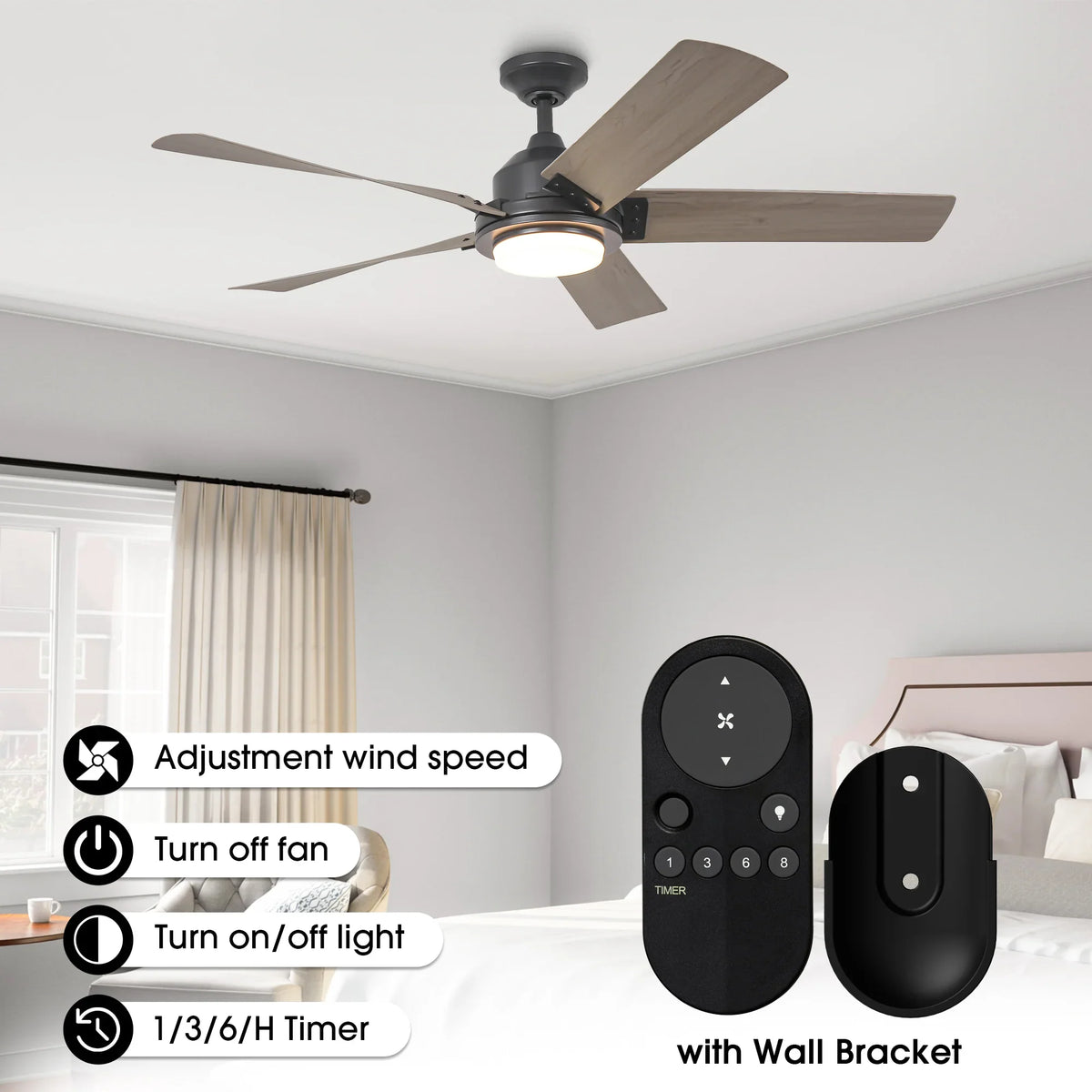 Modern ceiling fan with wood-finish blades and integrated light in a bedroom setting.