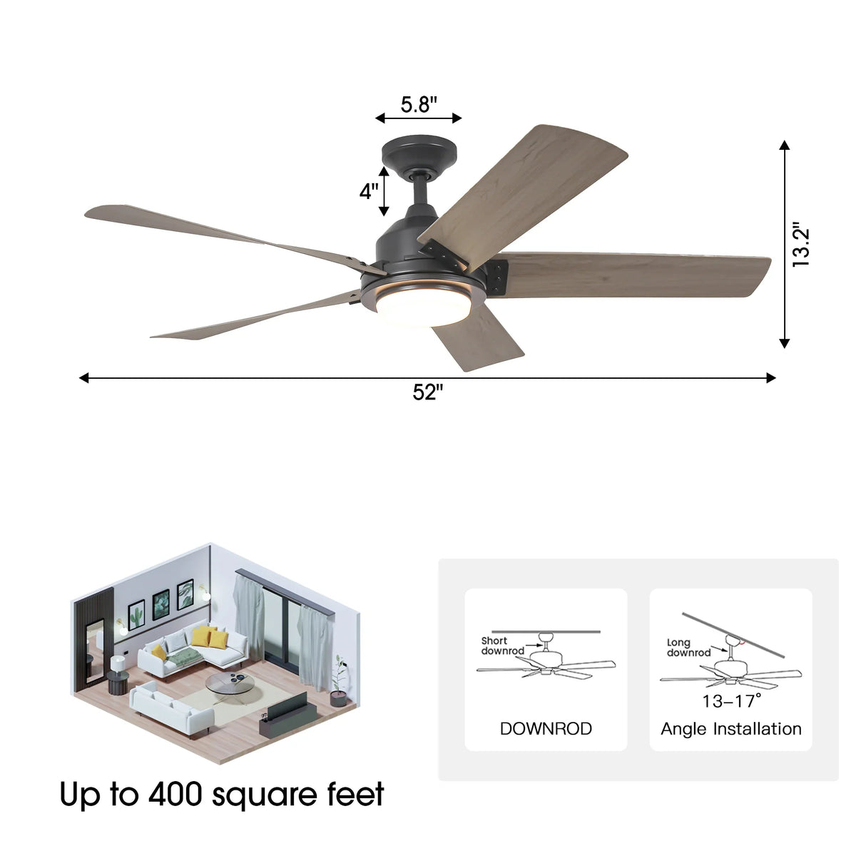 52-inch ceiling fan with dimensions and installation options for downrods and angled ceilings.