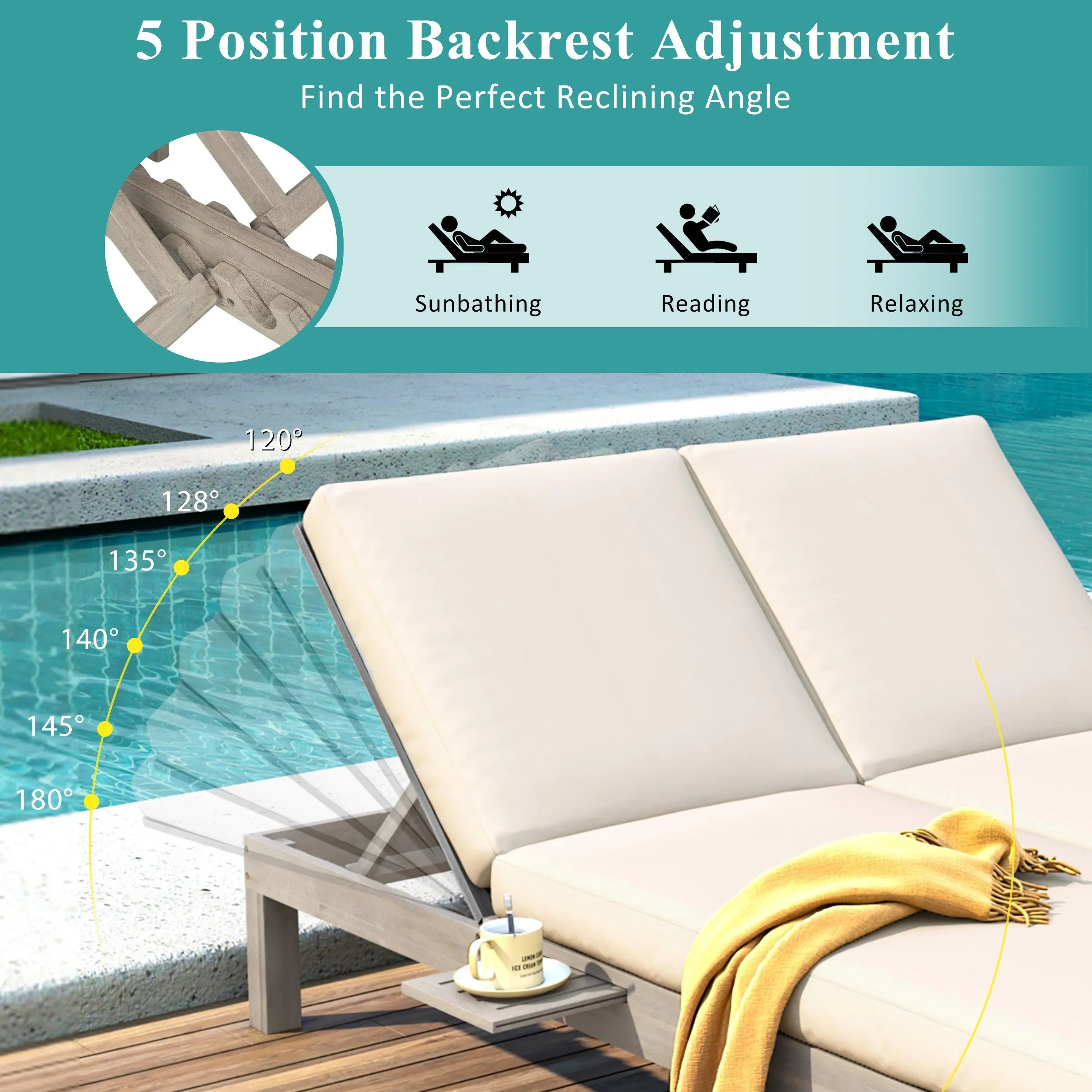 Chaise longue de exterior con respaldo ajustable en 5 posiciones, cojín y bandejas laterales plegables para 2 personas, ideal para jardín junto a la piscina.