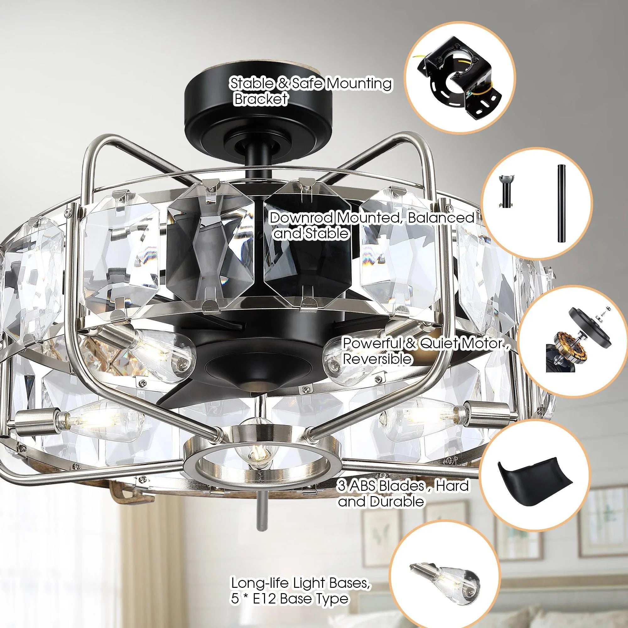 23" Modern DC Motor Downrod Mount Reversible Fandelier Ceiling Fan with Lighting and Remote Control - ParrotUncle