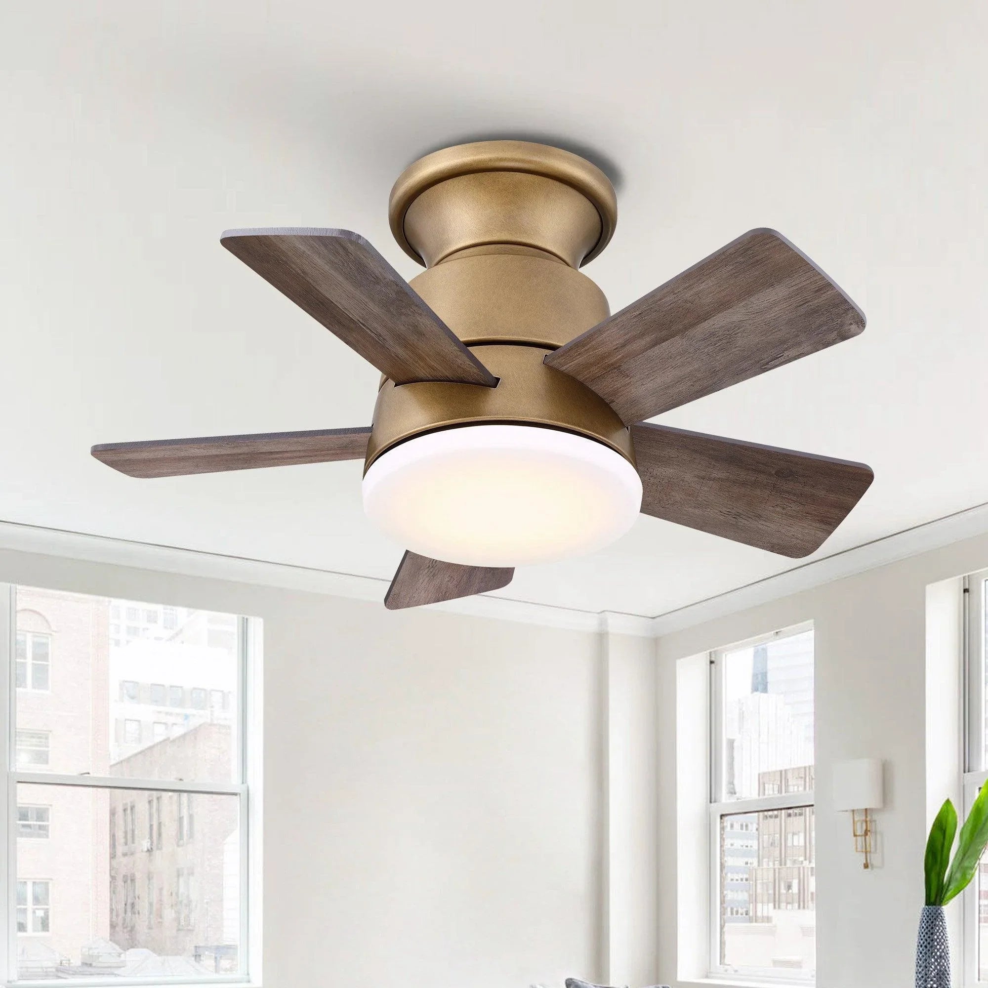 24" Industrial Flush Mount Reversible Iron Ceiling Fan with Lighting and Remote Control - ParrotUncle