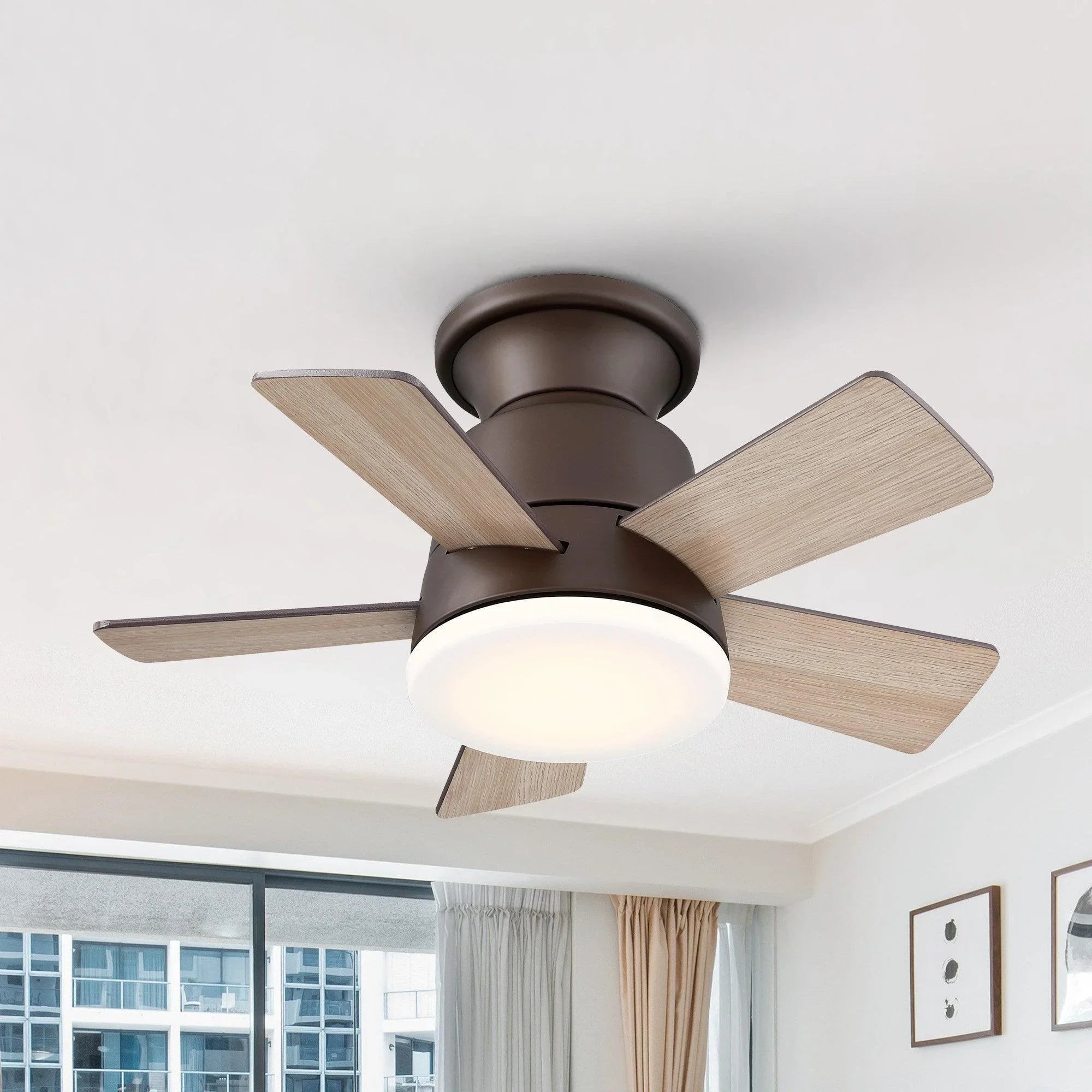 24" Industrial Flush Mount Reversible Iron Ceiling Fan with Lighting and Remote Control - ParrotUncle