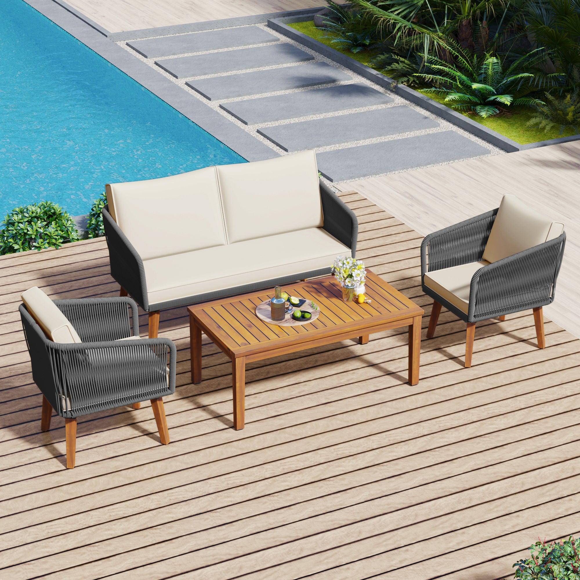 4 Pieces Outdoor Furniture Set with Loveseat, Patio Rope Conversation Set with Cushions for Backyard, Poolside, Garden