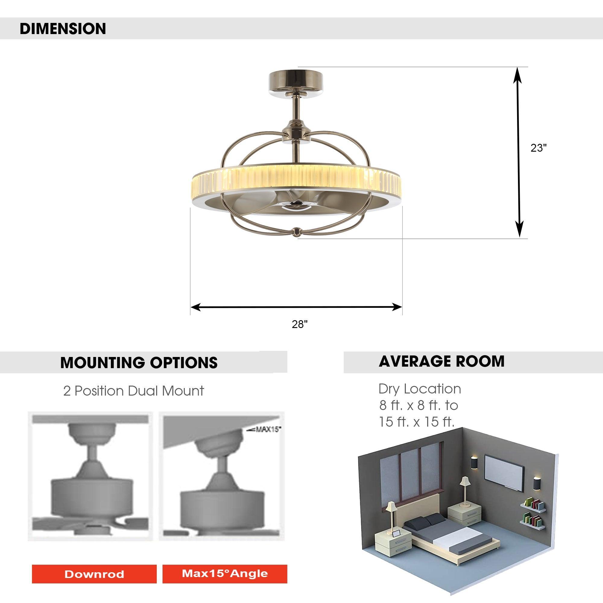 27" Industrial DC Motor Brushed Nickel Downrod Mount Reversible Crystal Ceiling Fan with Lighting and Remote Control - ParrotUncle
