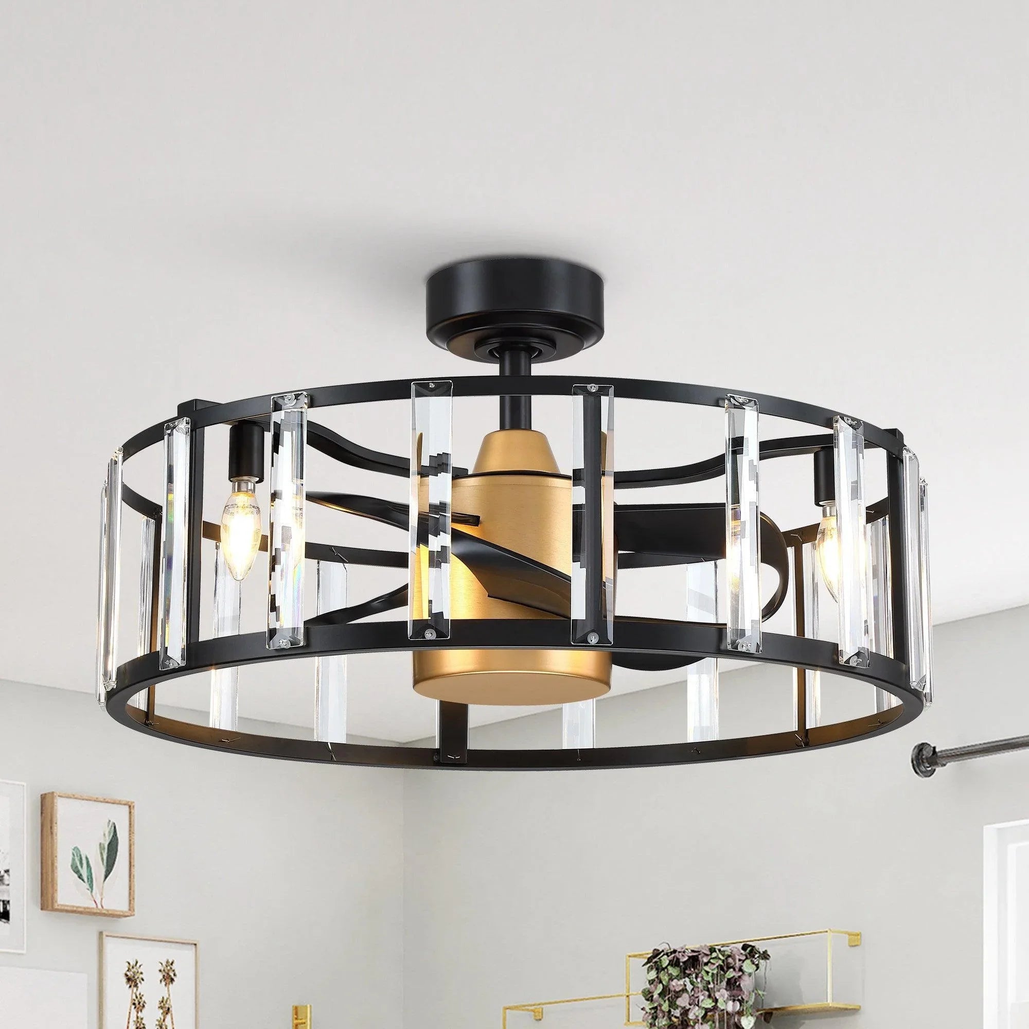 27" Modern DC Motor Downrod Mount Reversible Crystal Ceiling Fan with Lighting and Remote Control - ParrotUncle