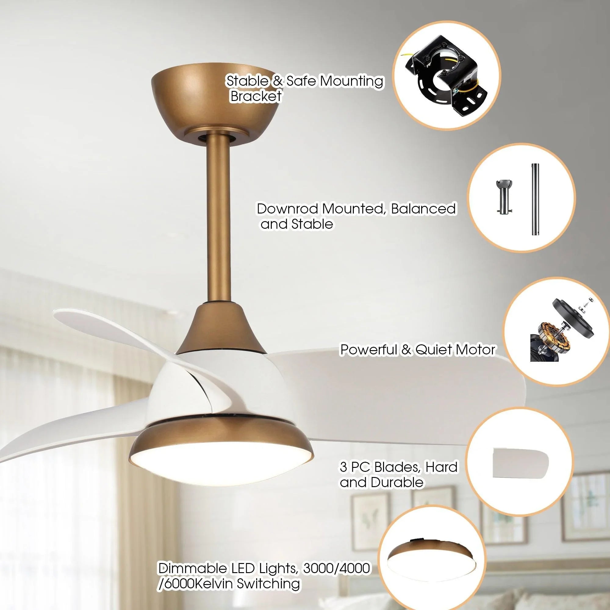 28" Modern DC Motor Downrod Mount Reversible Ceiling Fan with LED Lighting and Remote Control - ParrotUncle