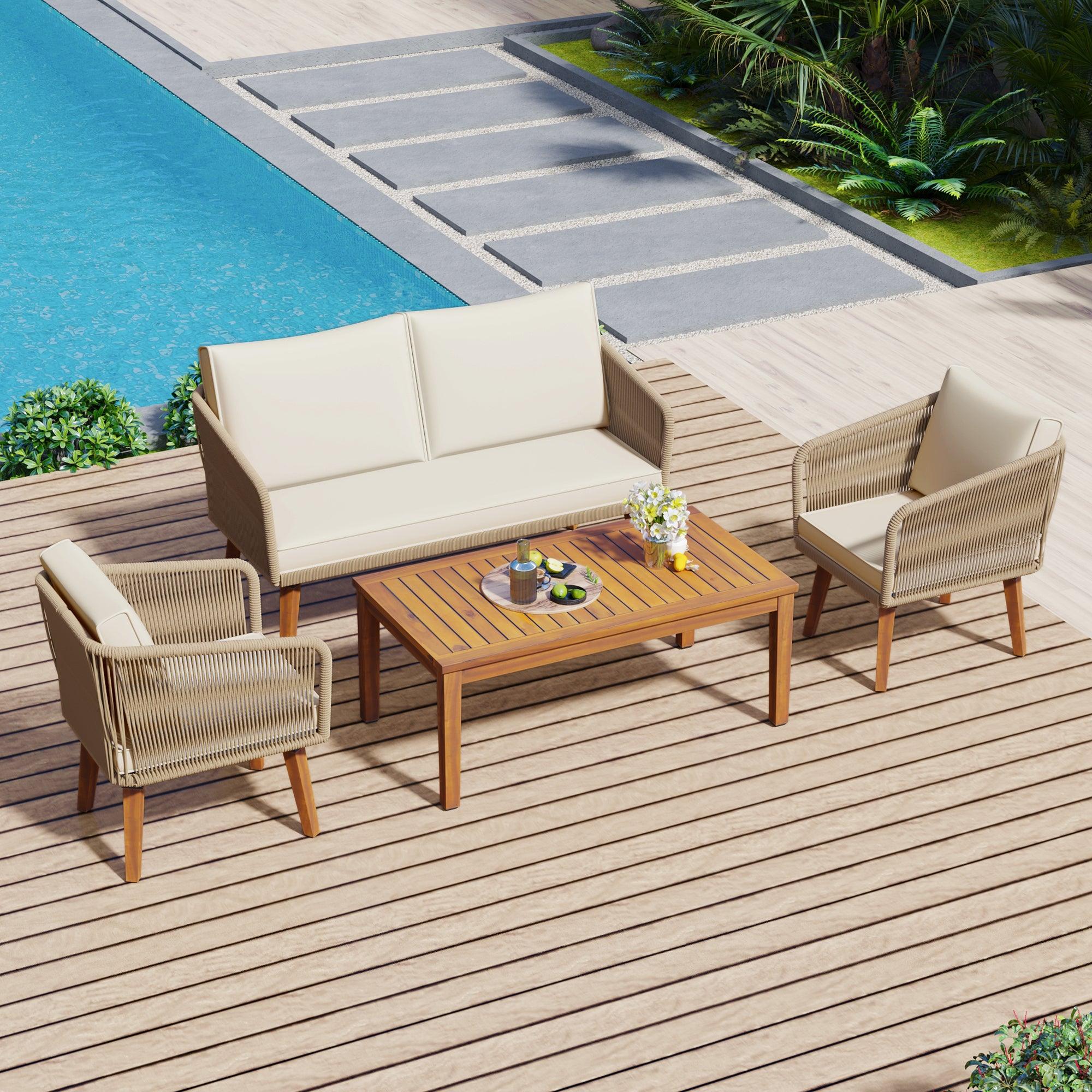 4 Pieces Outdoor Furniture Set with Loveseat, Patio Rope Conversation Set with Cushions for Backyard, Poolside, Garden